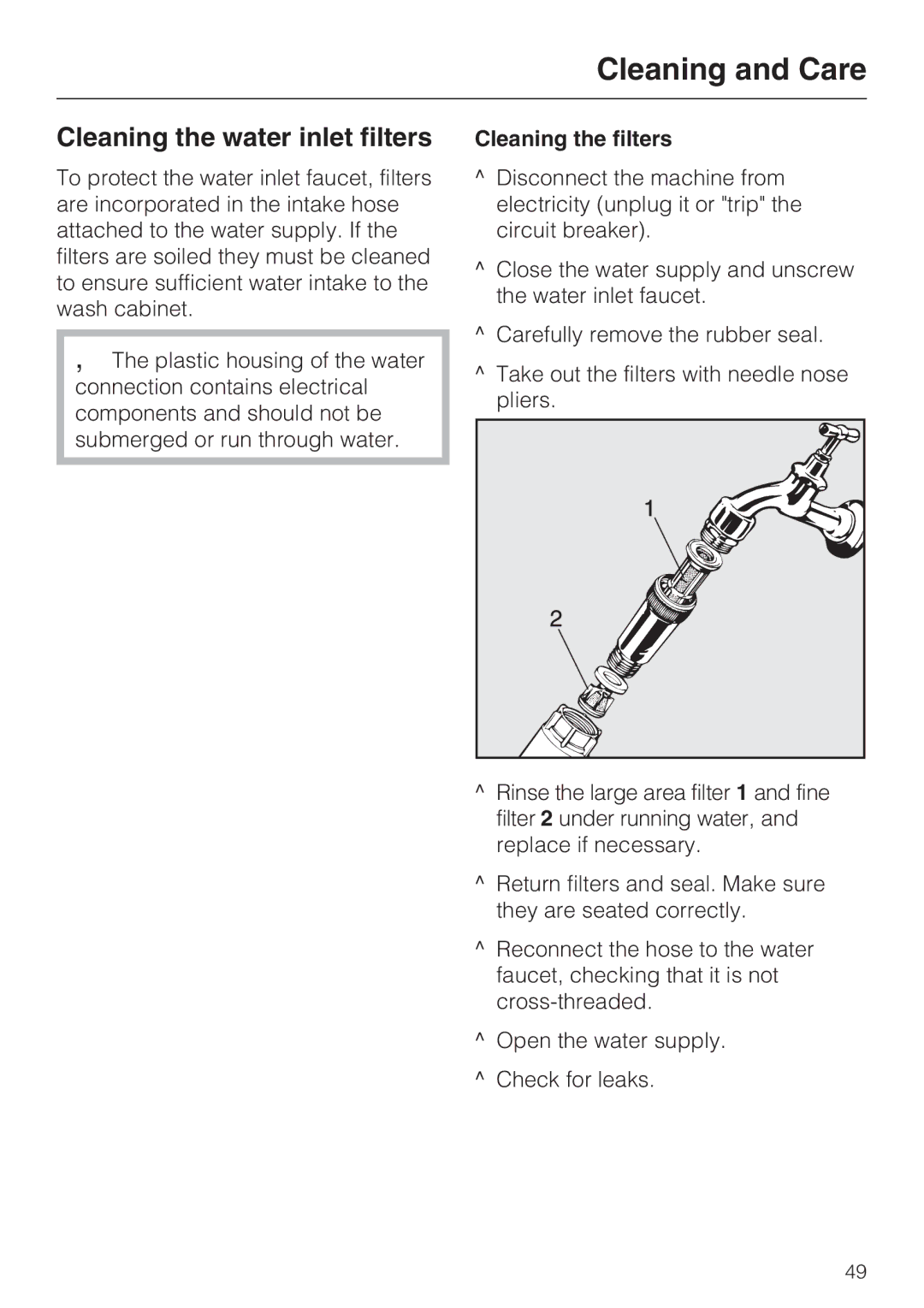 Miele G 7893 installation instructions Cleaning the water inlet filters, Cleaning the filters 