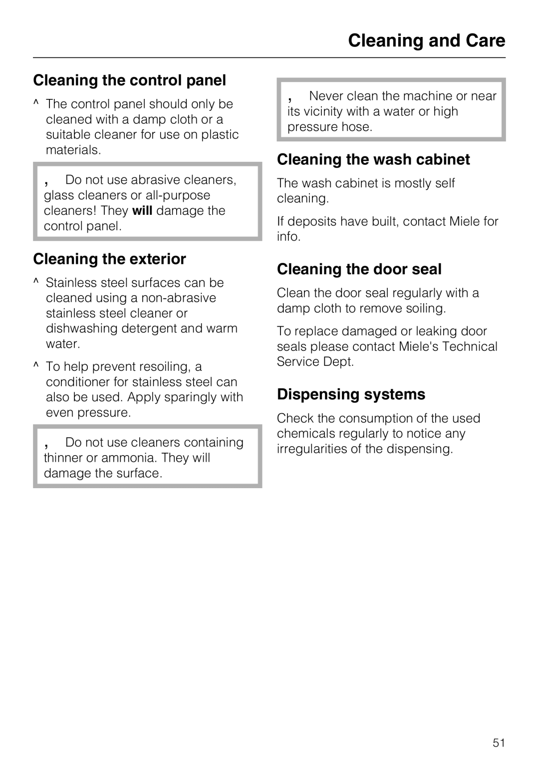 Miele G 7893 Cleaning the control panel, Cleaning the exterior, Cleaning the wash cabinet, Cleaning the door seal 