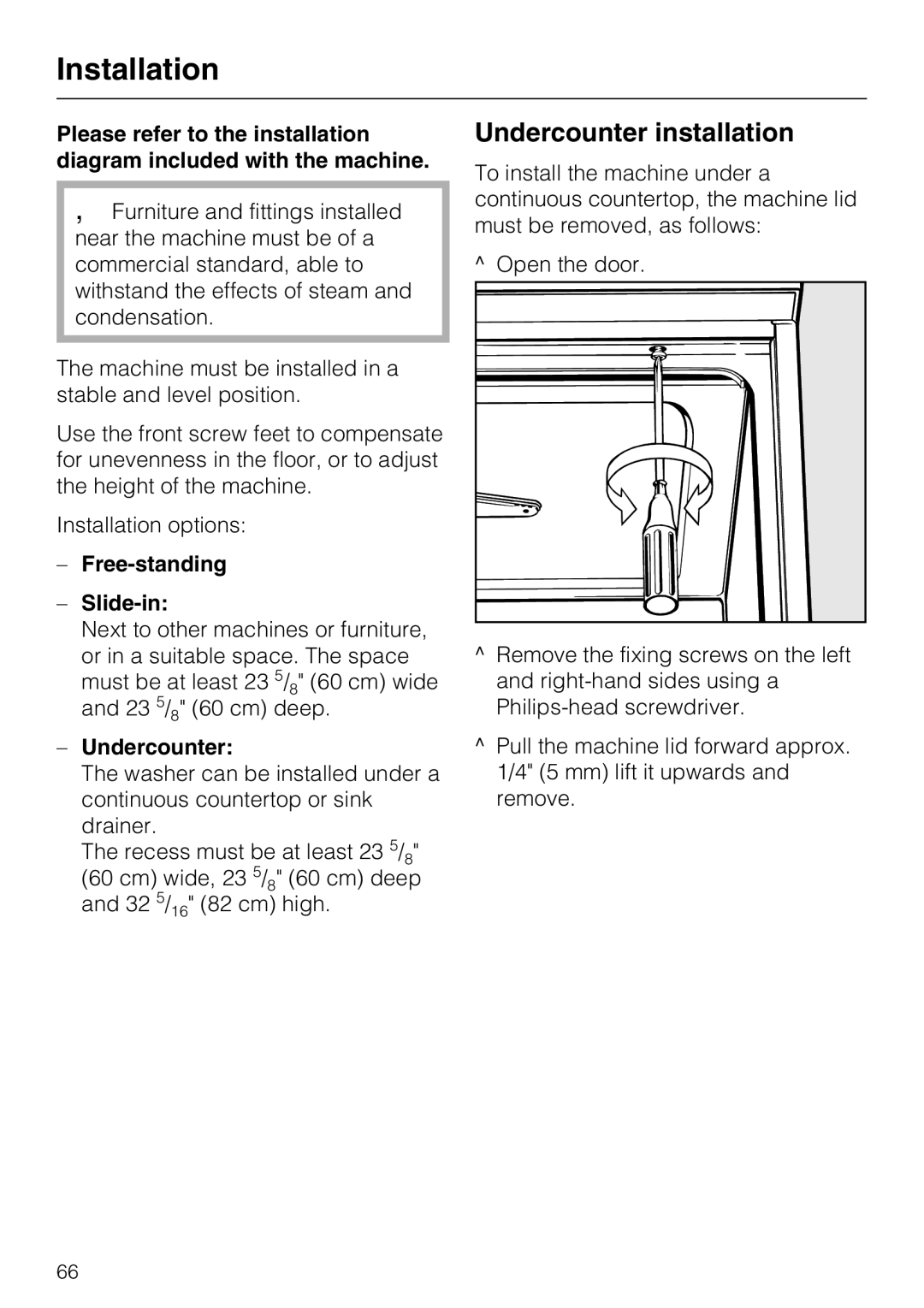 Miele G 7893 installation instructions Installation, Undercounter installation, Free-standing Slide-in 