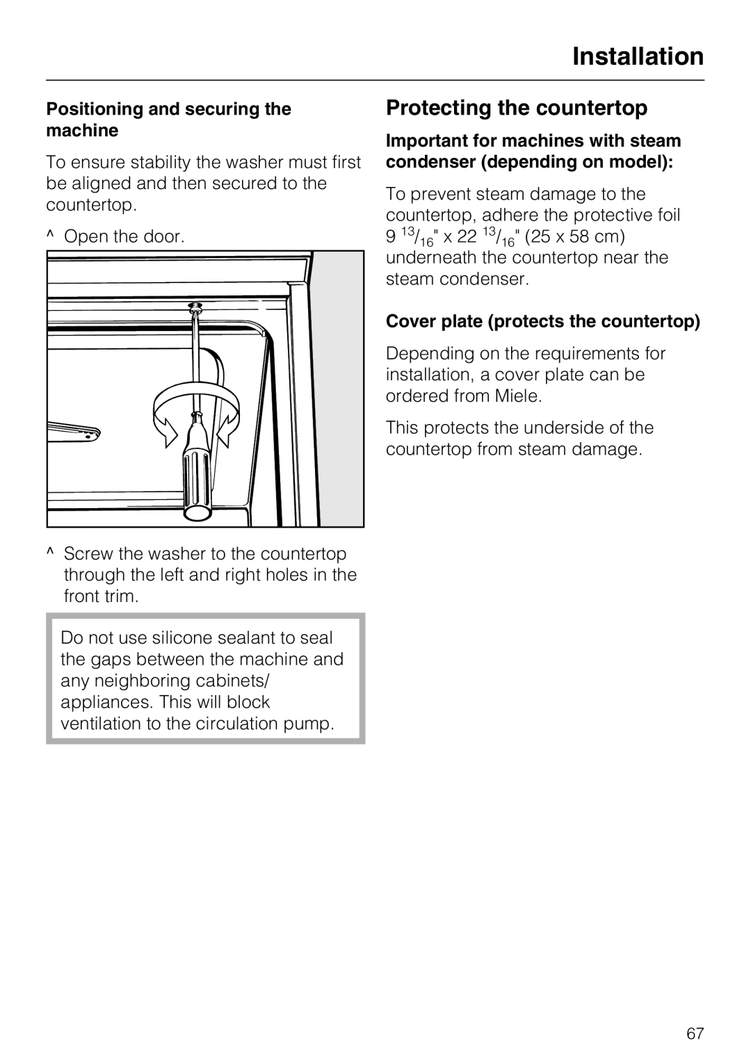 Miele G 7893 Protecting the countertop, Positioning and securing the machine, Cover plate protects the countertop 