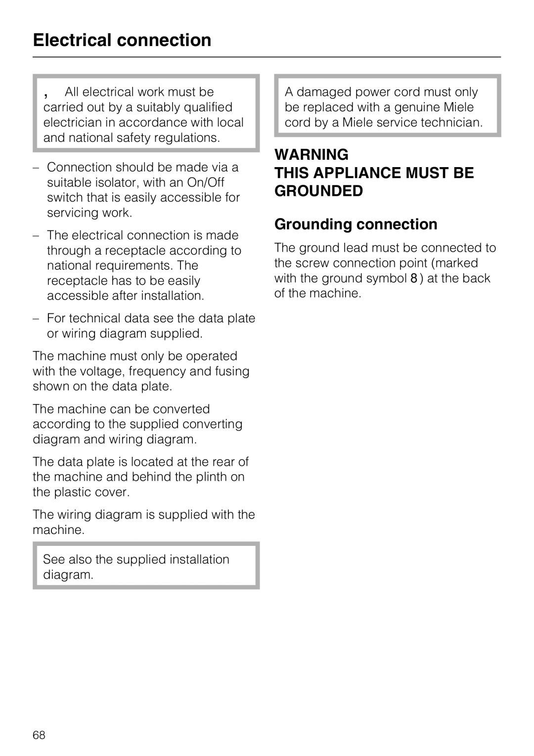 Miele G 7893 installation instructions Electrical connection, Grounding connection 