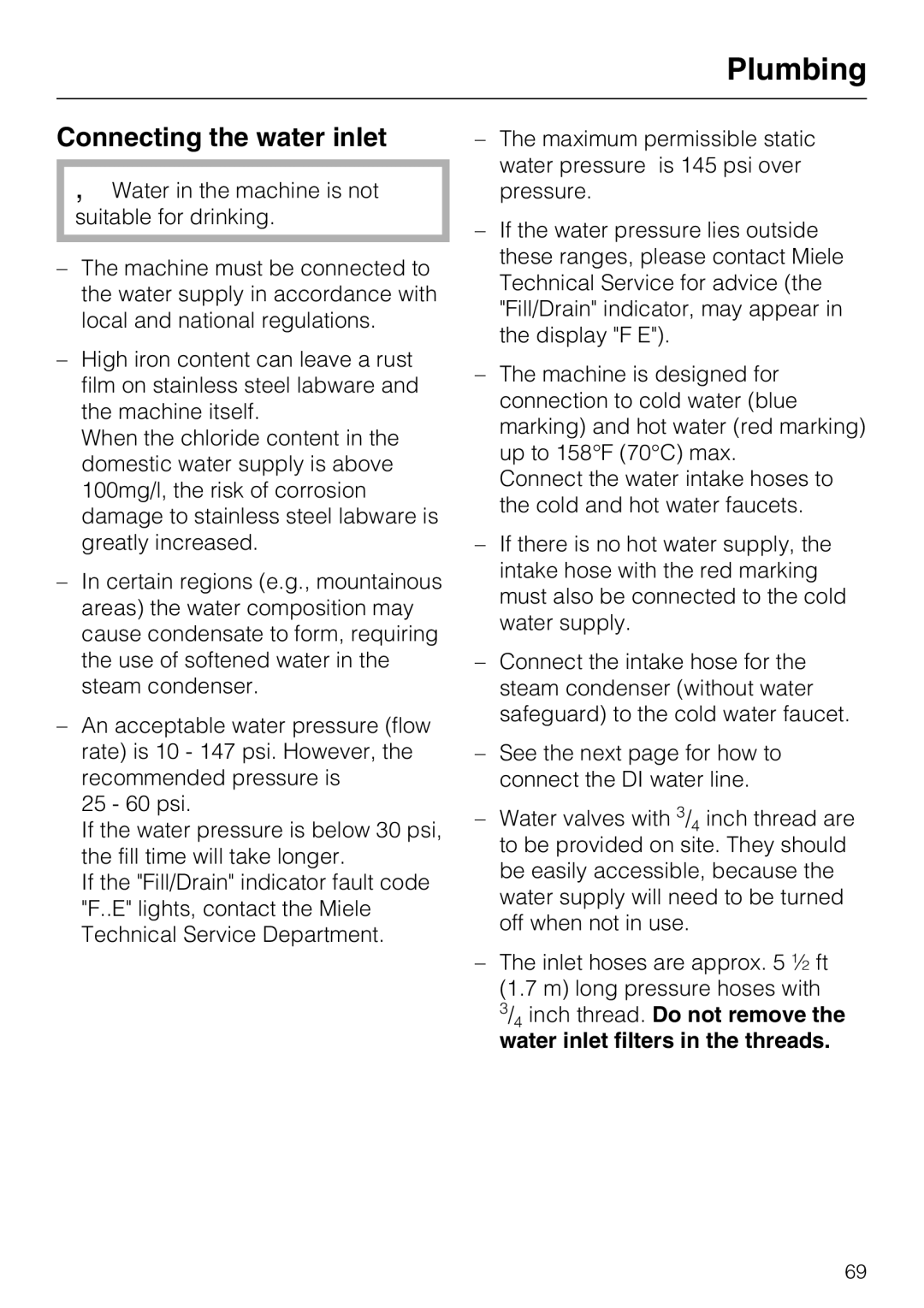 Miele G 7893 installation instructions Plumbing, Connecting the water inlet 