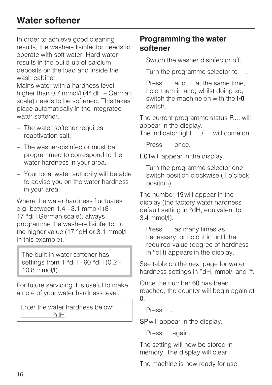 Miele G 7893 operating instructions Water softener, Programming the water softener 