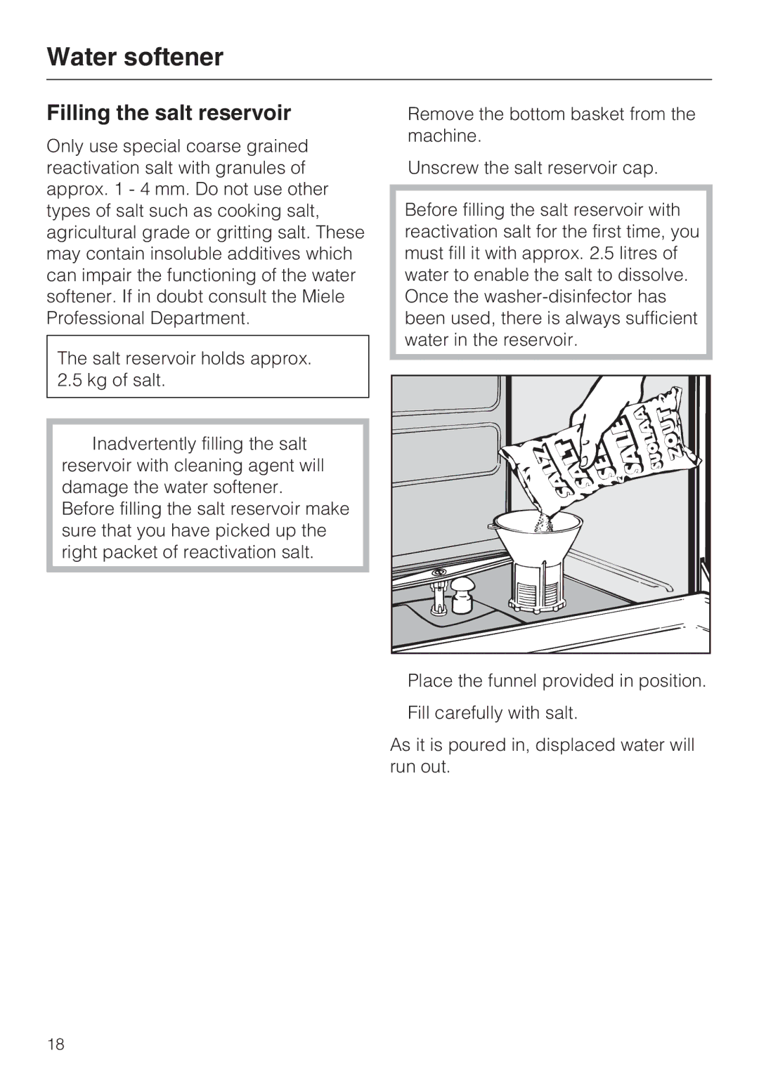 Miele G 7893 operating instructions Filling the salt reservoir 