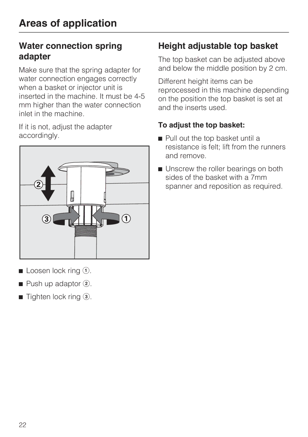 Miele G 7893 operating instructions Water connection spring adapter, Height adjustable top basket, To adjust the top basket 