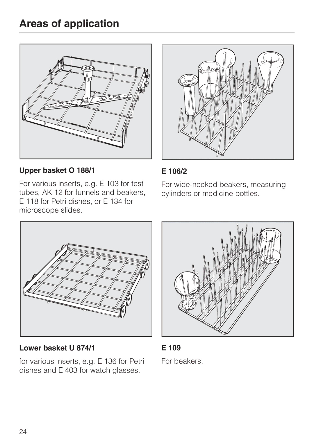 Miele G 7893 operating instructions Upper basket O 188/1, Lower basket U 874/1, 106/2, 109 