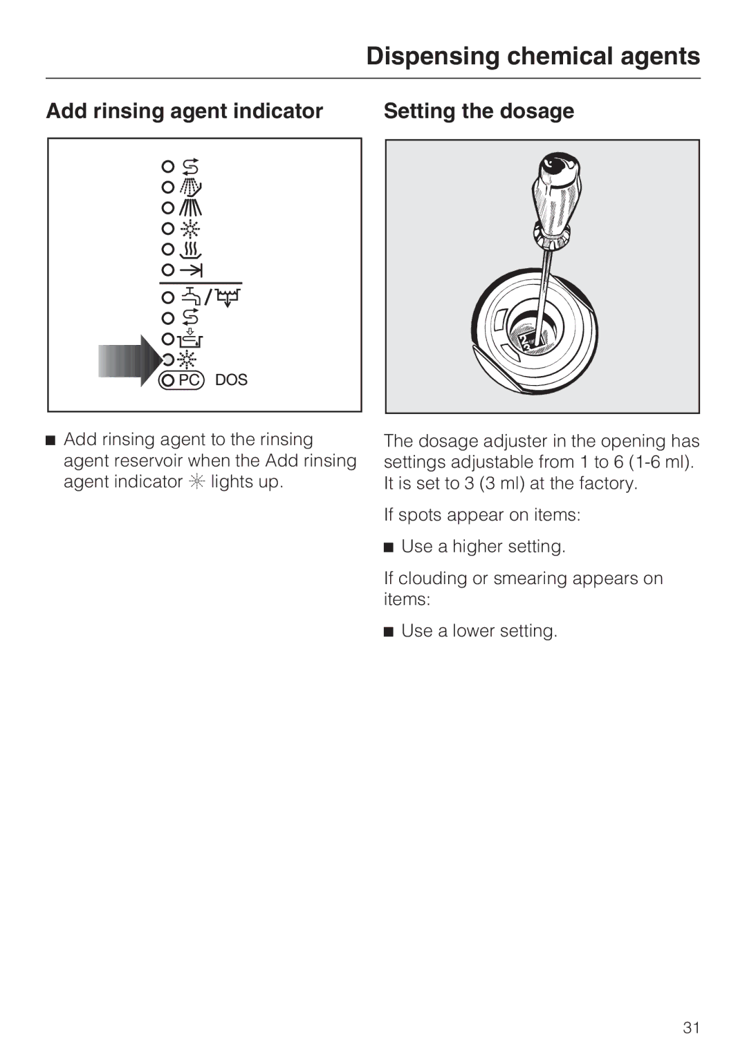 Miele G 7893 operating instructions Add rinsing agent indicator Setting the dosage 