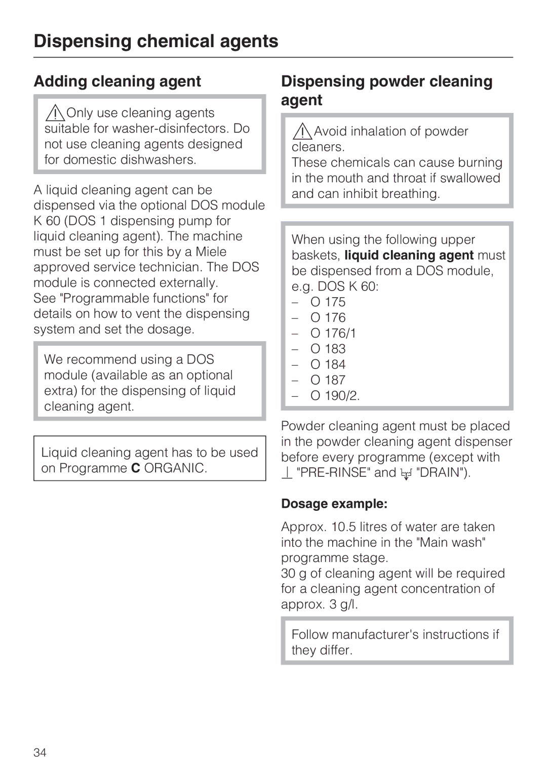 Miele G 7893 operating instructions Adding cleaning agent, Dispensing powder cleaning agent, Dosage example 