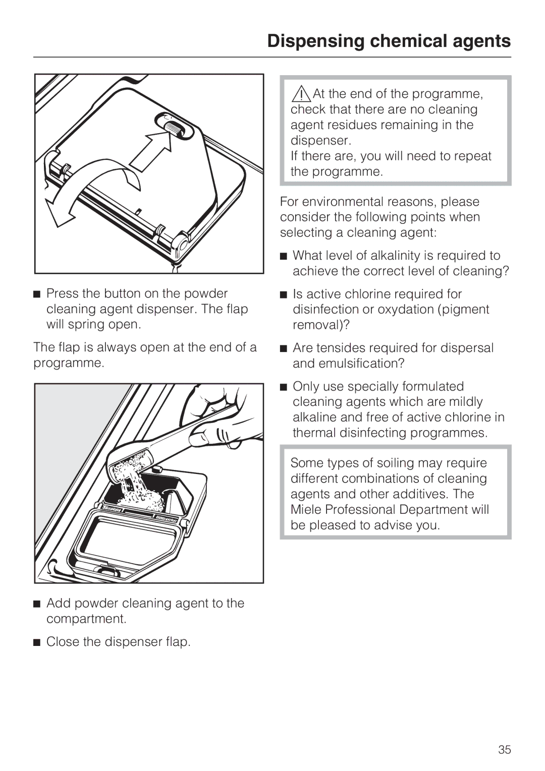 Miele G 7893 operating instructions Dispensing chemical agents 