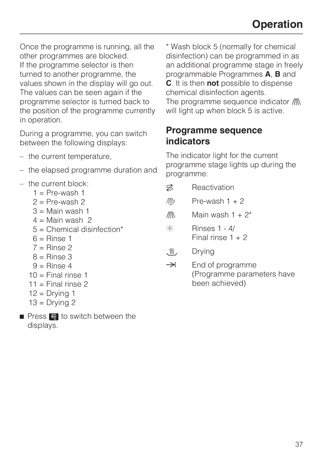 Miele G 7893 operating instructions Programme sequence indicators 