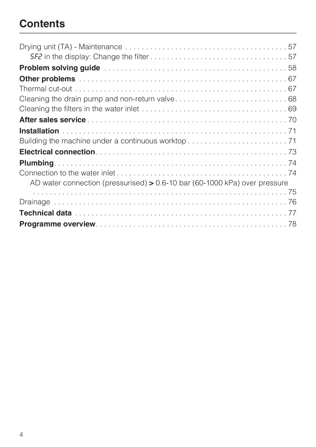 Miele G 7893 operating instructions Drainage Technical data Programme overview 