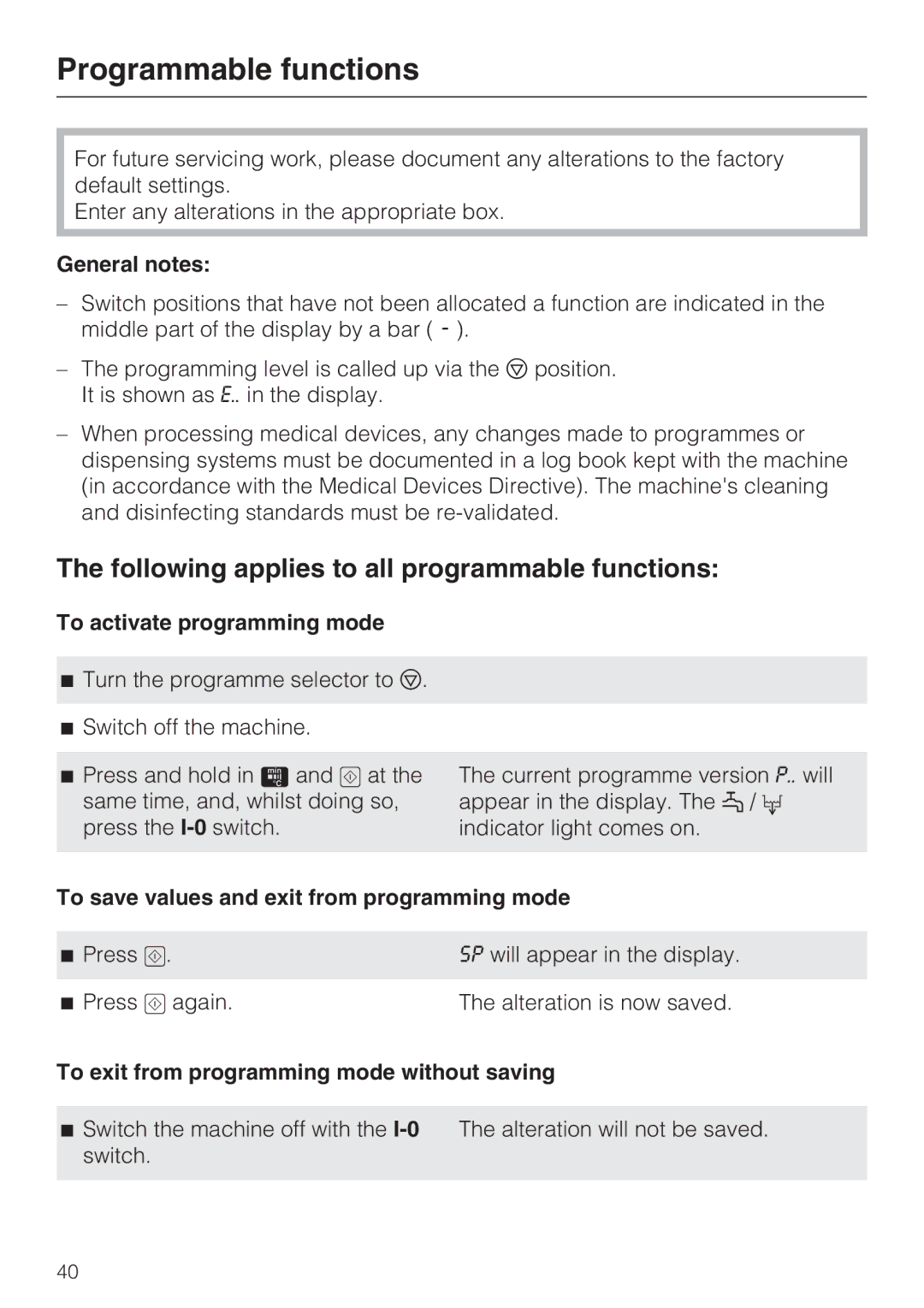 Miele G 7893 operating instructions Programmable functions, Following applies to all programmable functions 