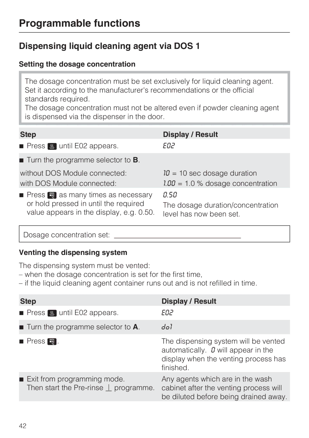 Miele G 7893 operating instructions Dispensing liquid cleaning agent via DOS, Setting the dosage concentration, Step 