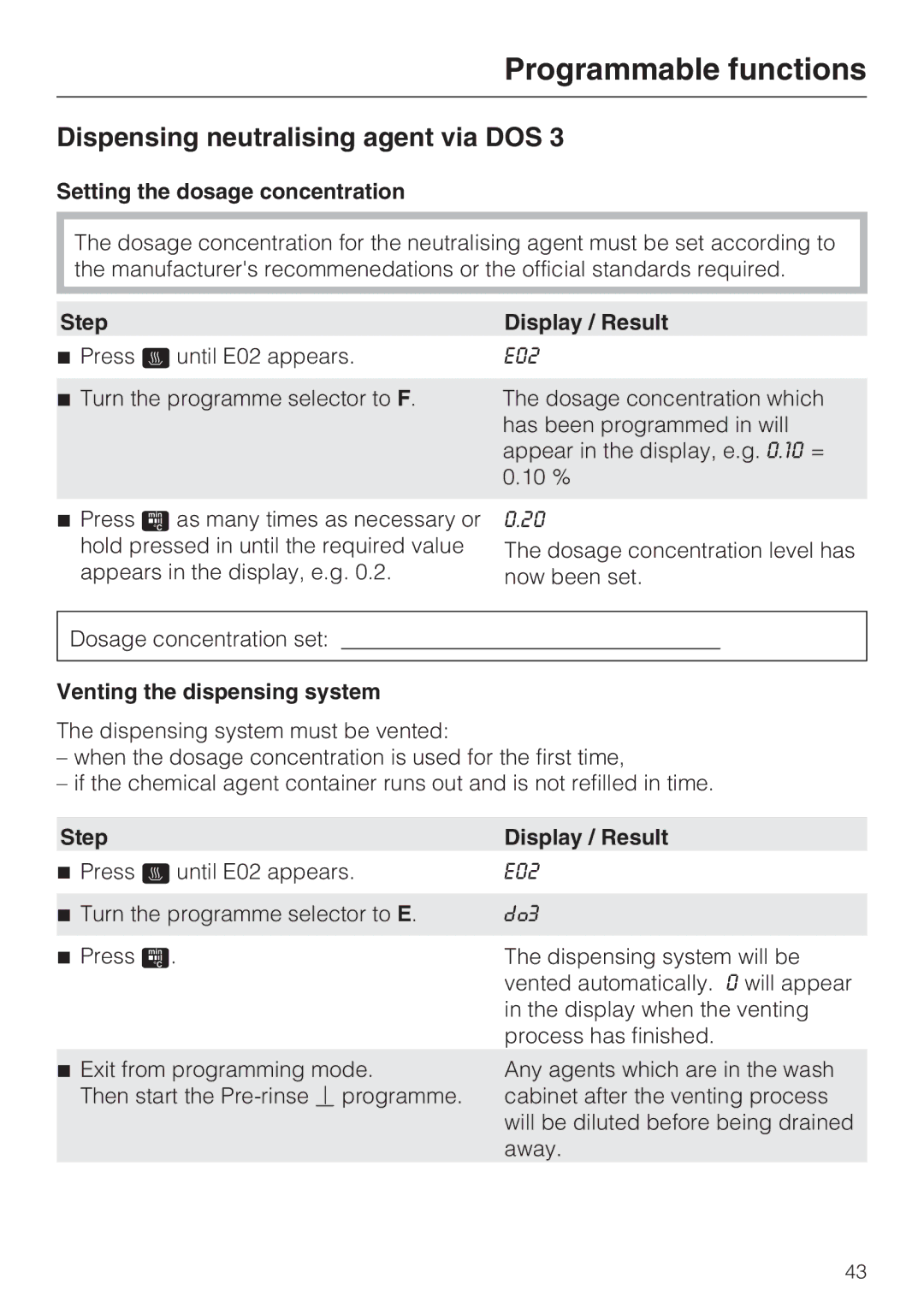 Miele G 7893 operating instructions Dispensing neutralising agent via DOS 