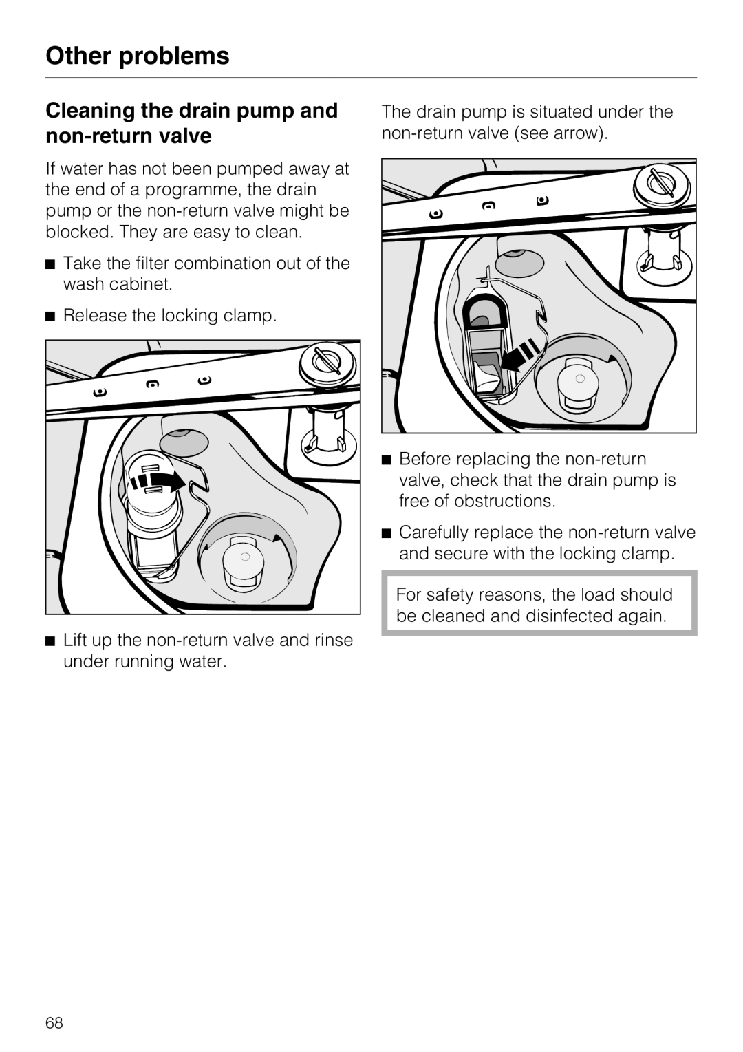 Miele G 7893 operating instructions Cleaning the drain pump and non-return valve 