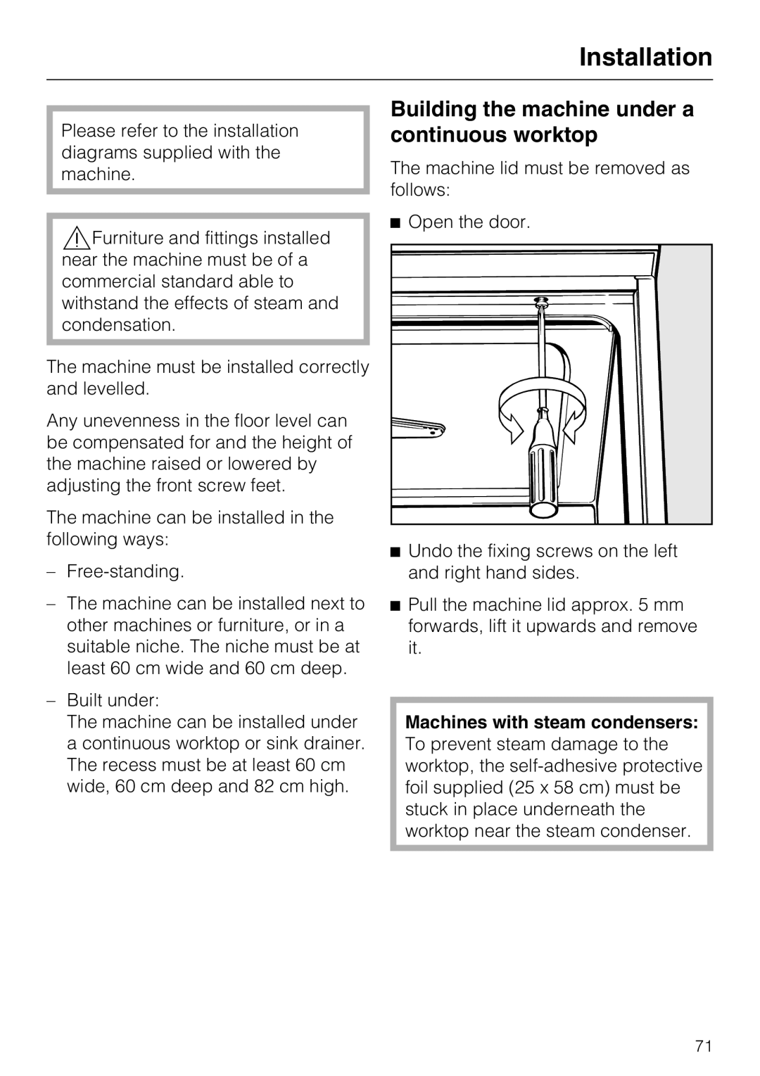 Miele G 7893 operating instructions Installation, Building the machine under a continuous worktop 