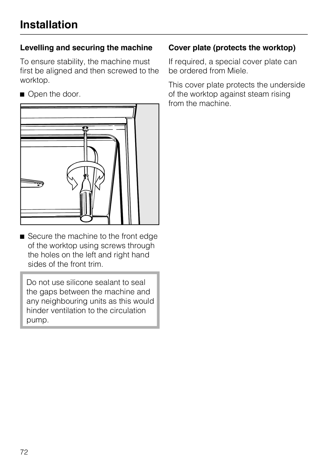 Miele G 7893 operating instructions Levelling and securing the machine, Cover plate protects the worktop 