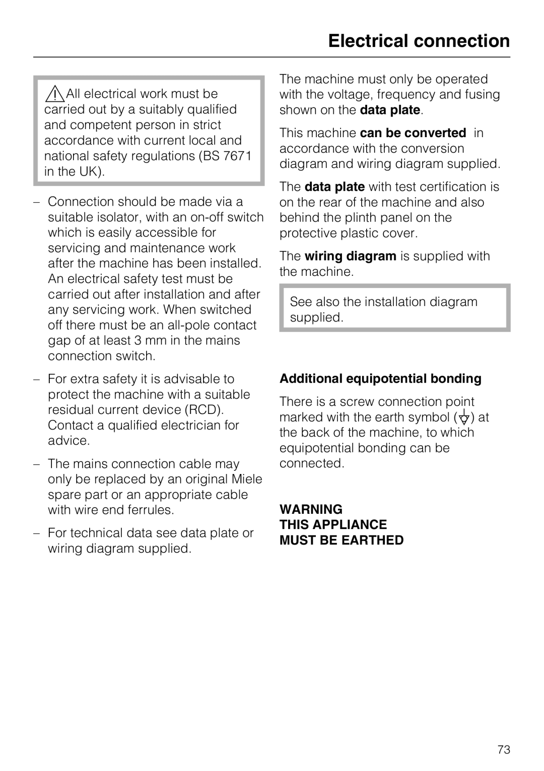 Miele G 7893 operating instructions Electrical connection, Additional equipotential bonding 