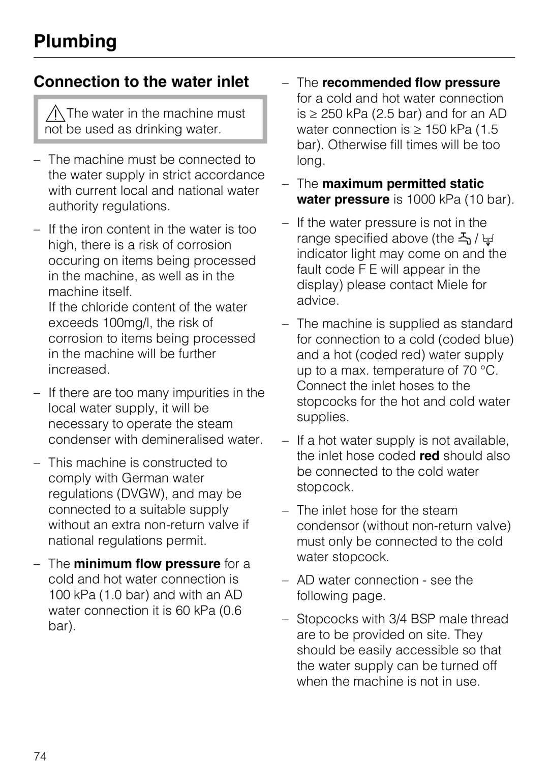 Miele G 7893 operating instructions Plumbing, Connection to the water inlet 