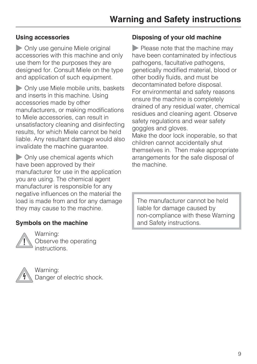 Miele G 7893 operating instructions Using accessories, Symbols on the machine, Disposing of your old machine 