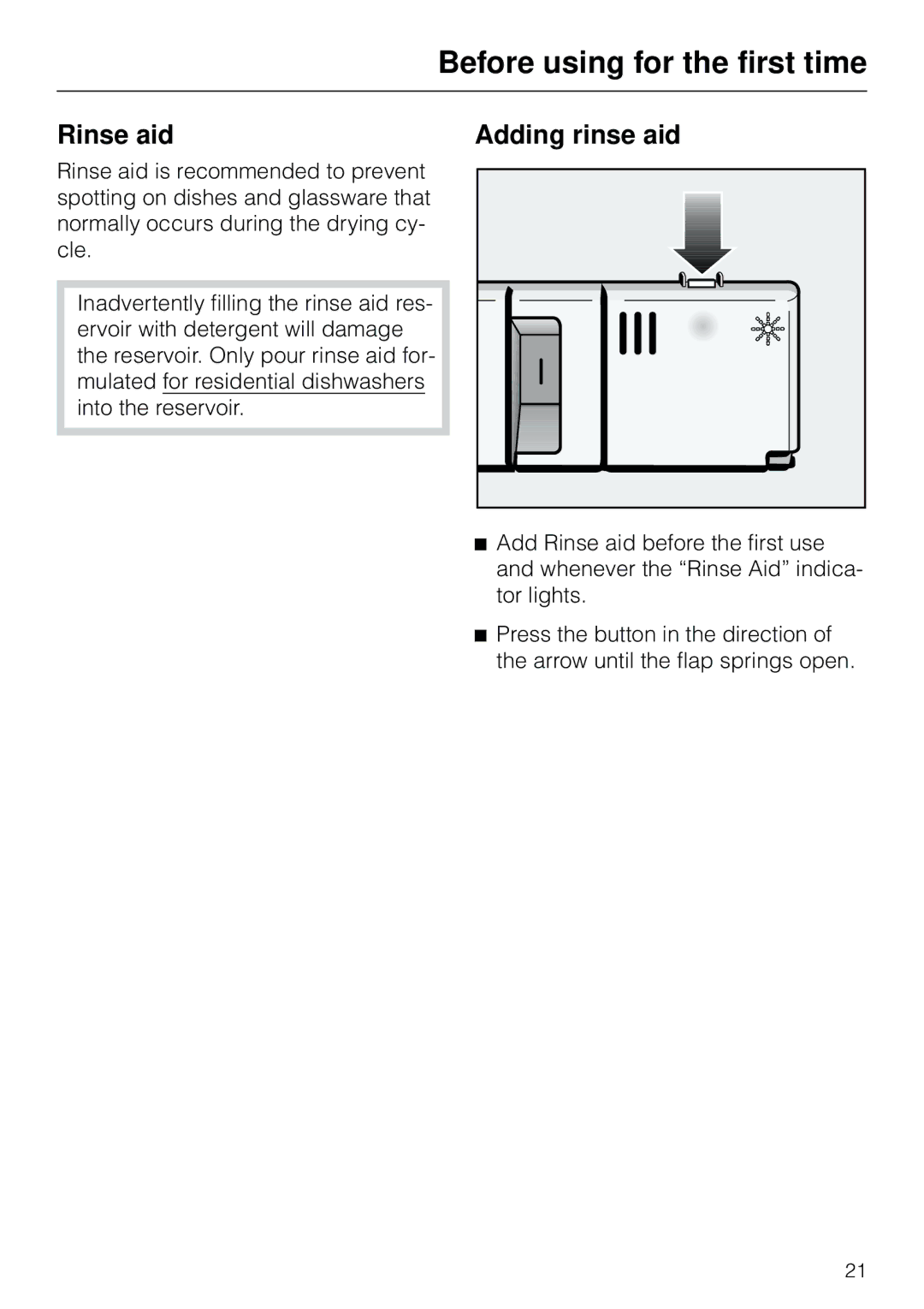 Miele G 803 manual Rinse aid, Adding rinse aid 