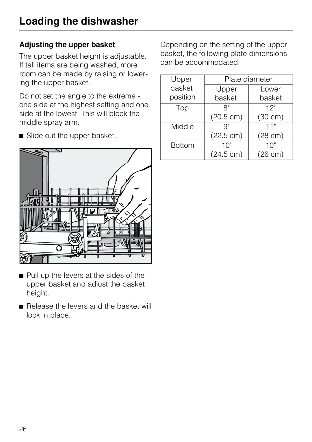 Miele G 803 manual Adjusting the upper basket, Slide out the upper basket 