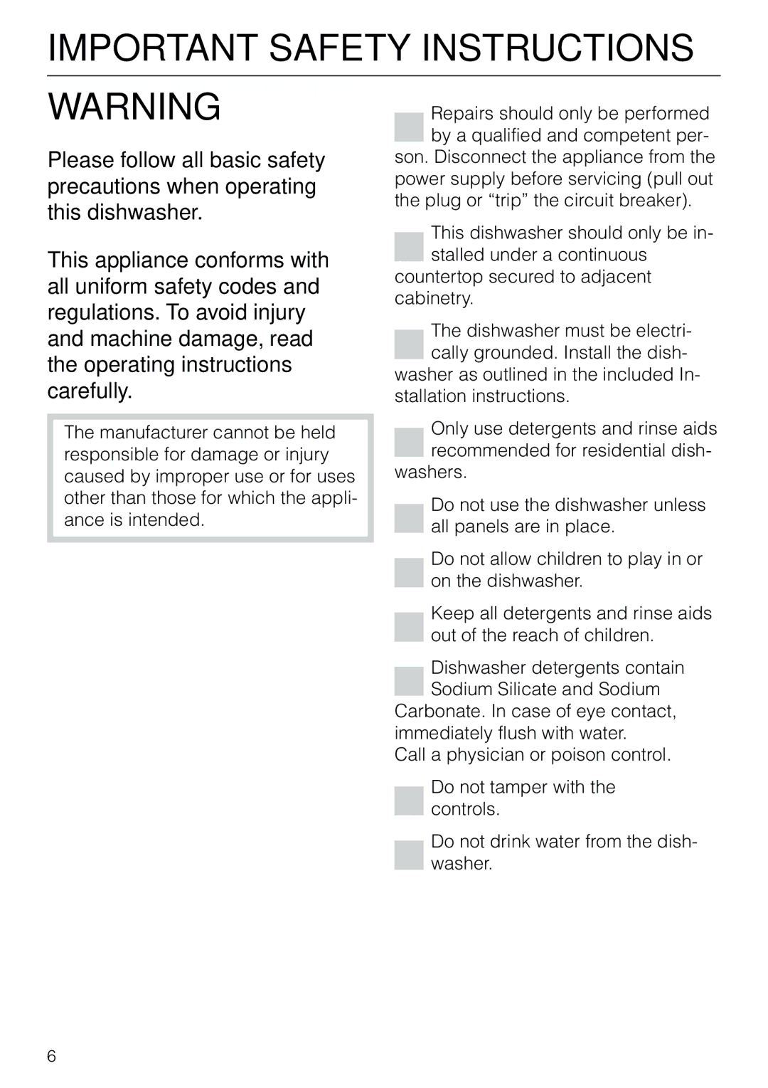 Miele G 803 manual Important Safety Instructions 