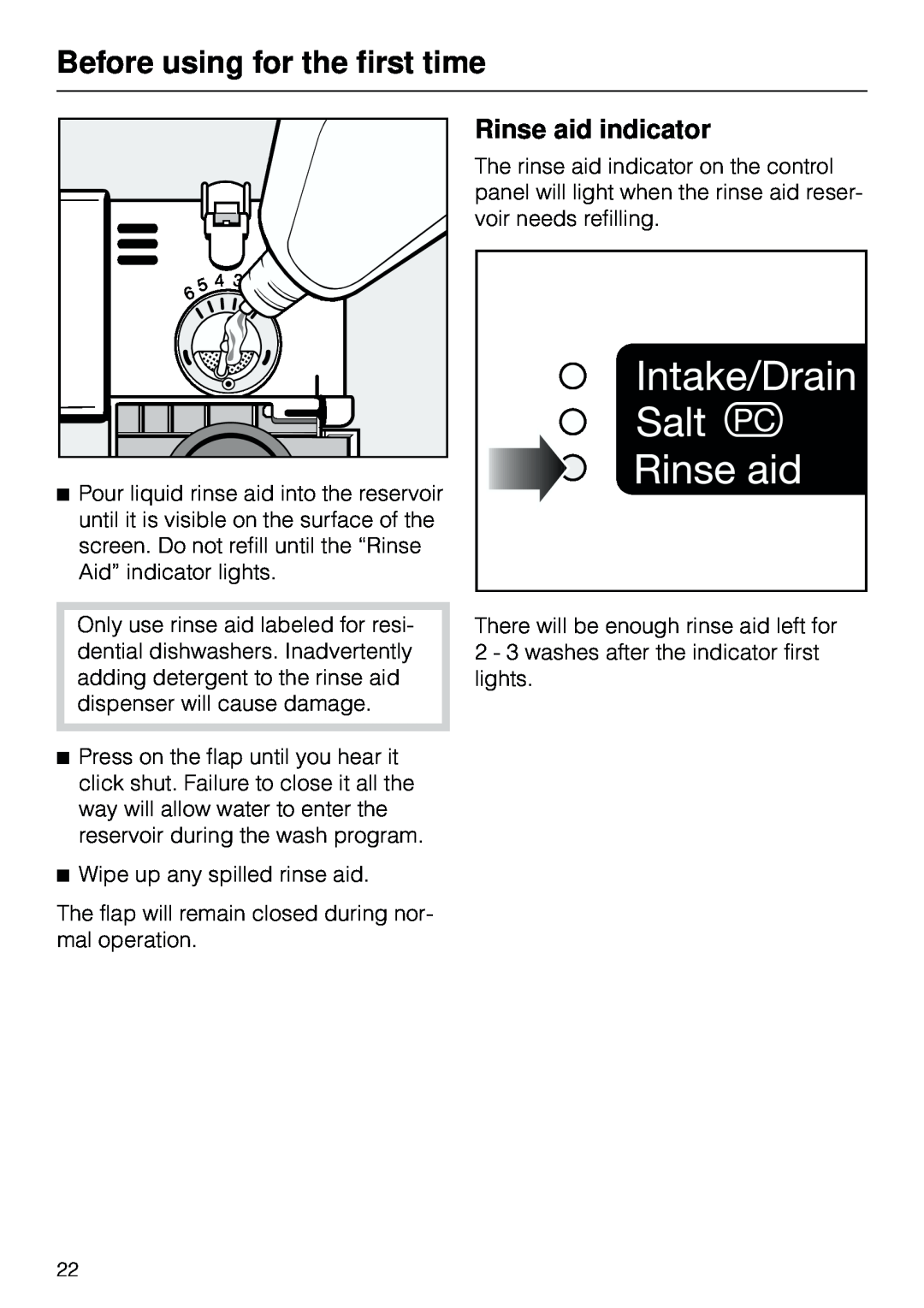 Miele G 803 manual Before using for the first time, Rinse aid indicator 