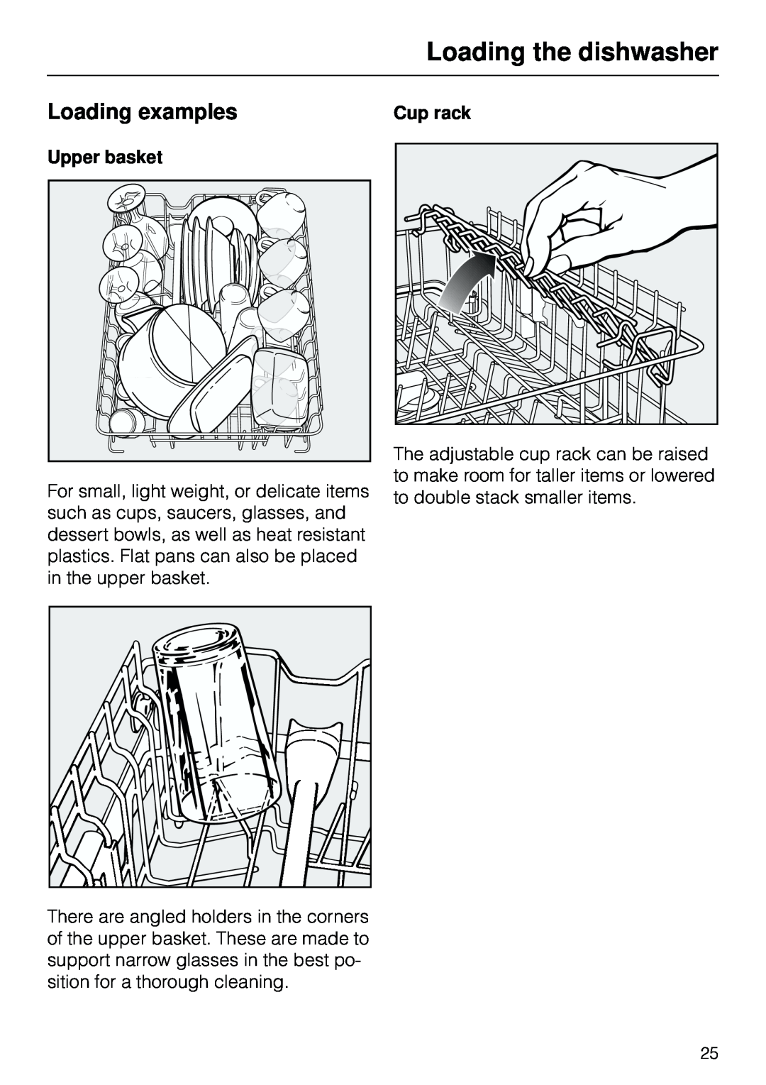 Miele G 803 manual Loading the dishwasher, Loading examples, Cup rack, Upper basket 