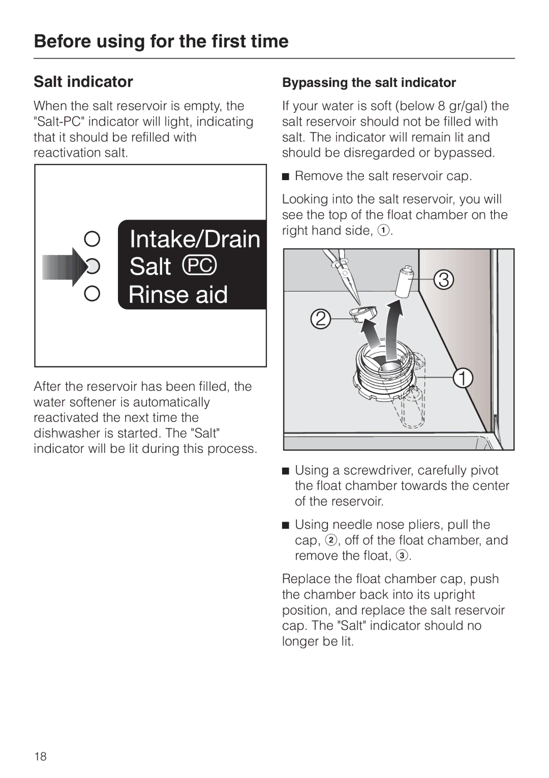 Miele G 818 SCVI operating instructions Salt indicator, Bypassing the salt indicator 