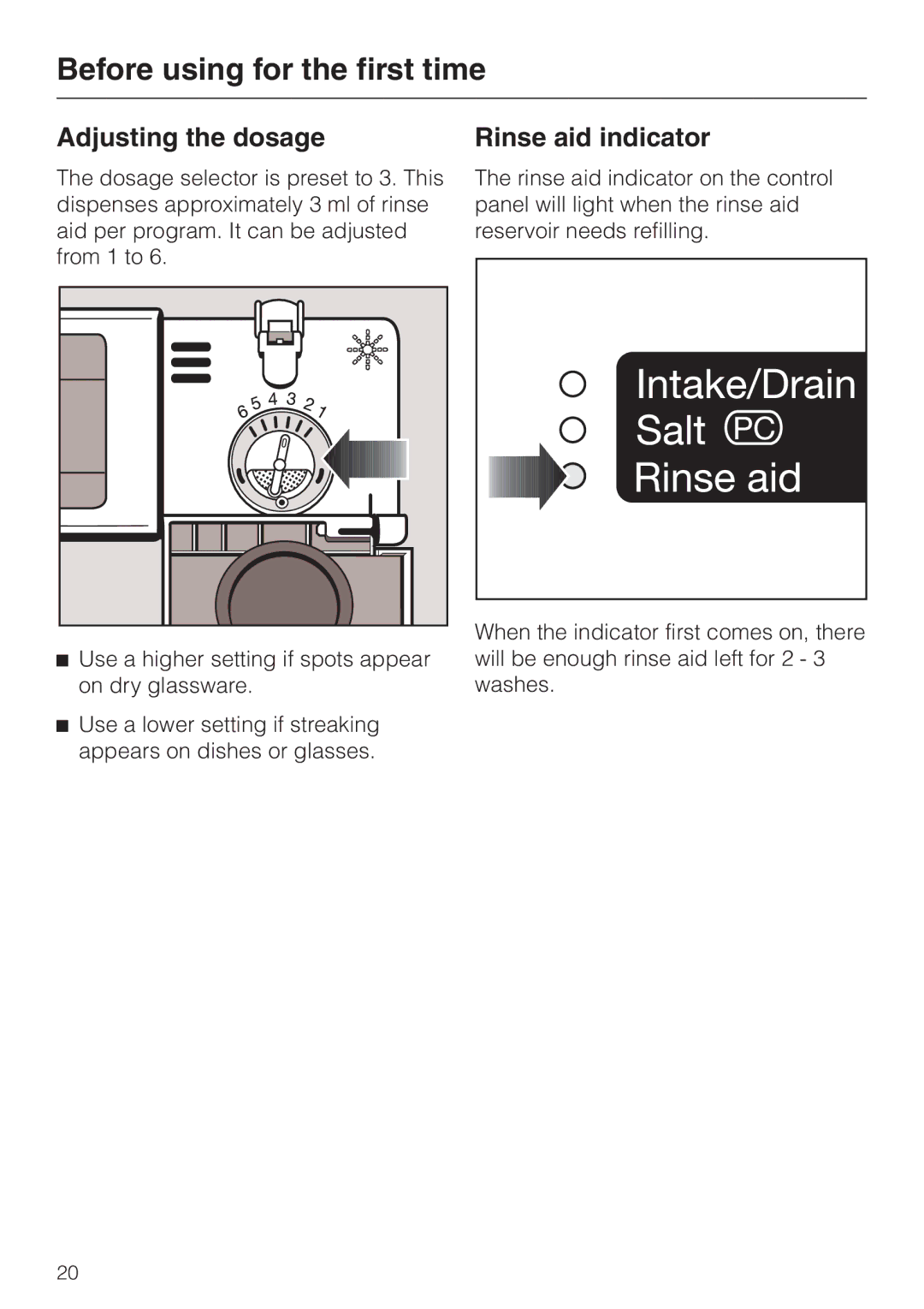 Miele G 818 SCVI operating instructions Adjusting the dosage, Rinse aid indicator 