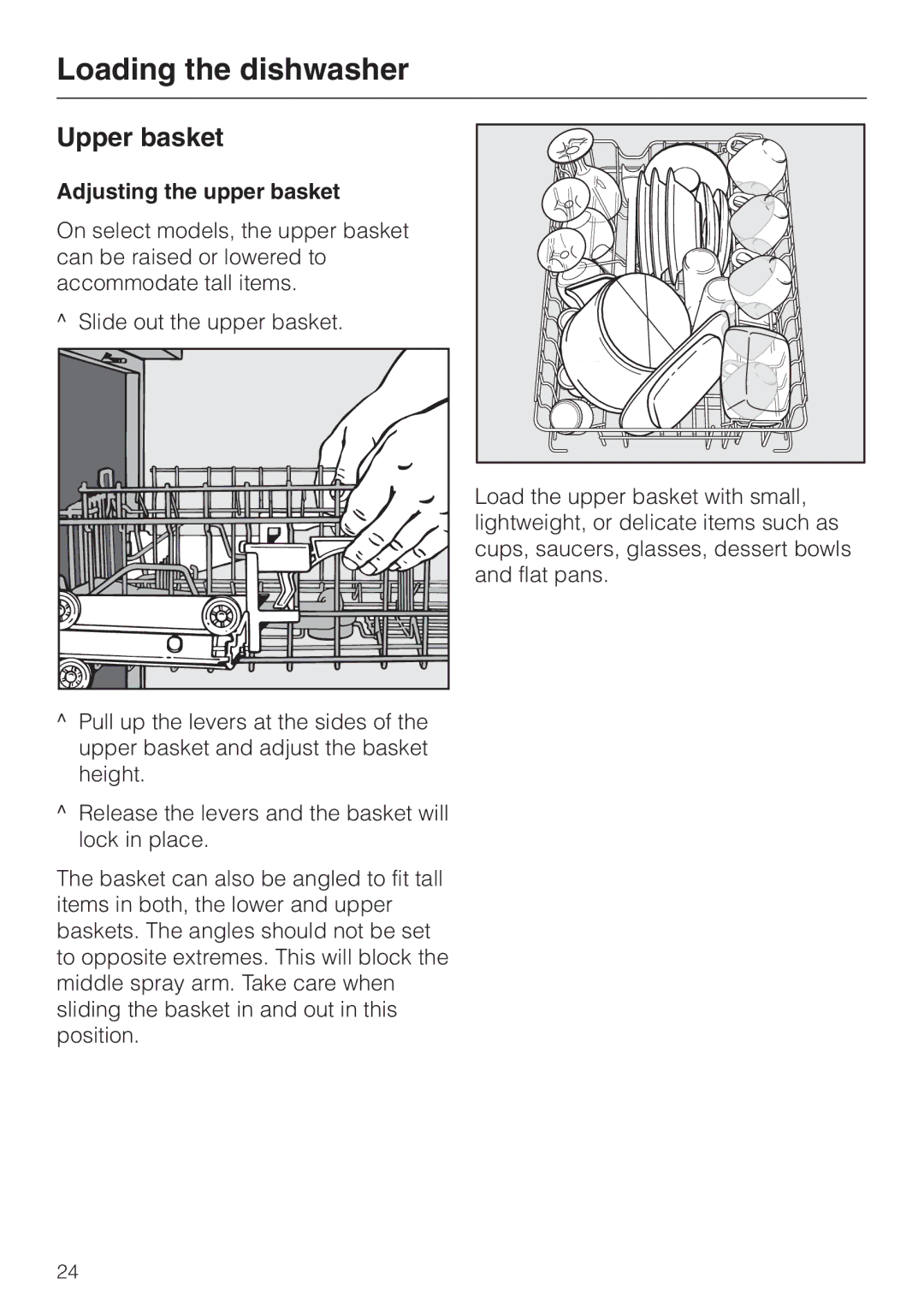 Miele G 818 SCVI operating instructions Upper basket, Adjusting the upper basket, Slide out the upper basket 