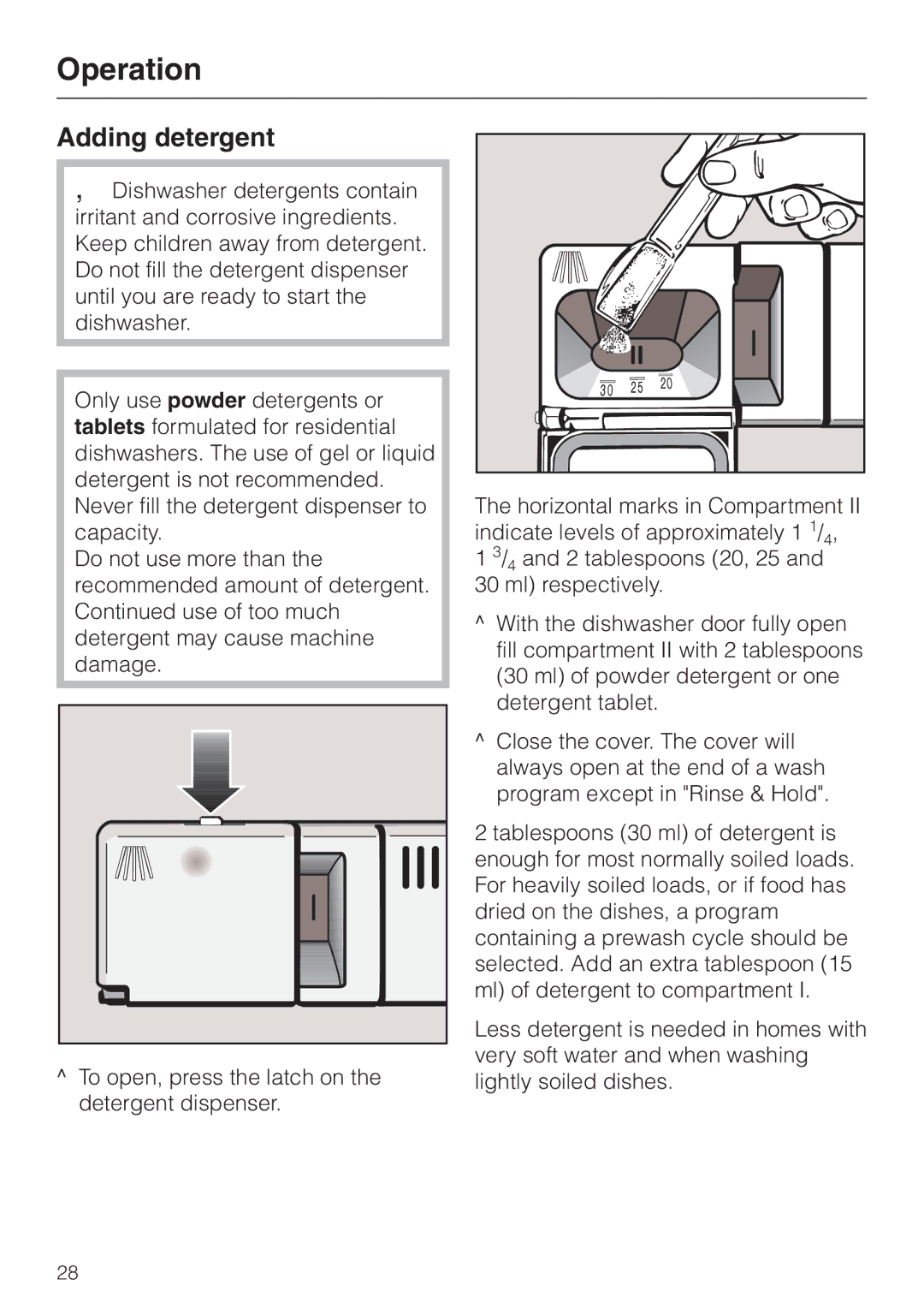 Miele G 818 SCVI operating instructions Operation, Adding detergent 