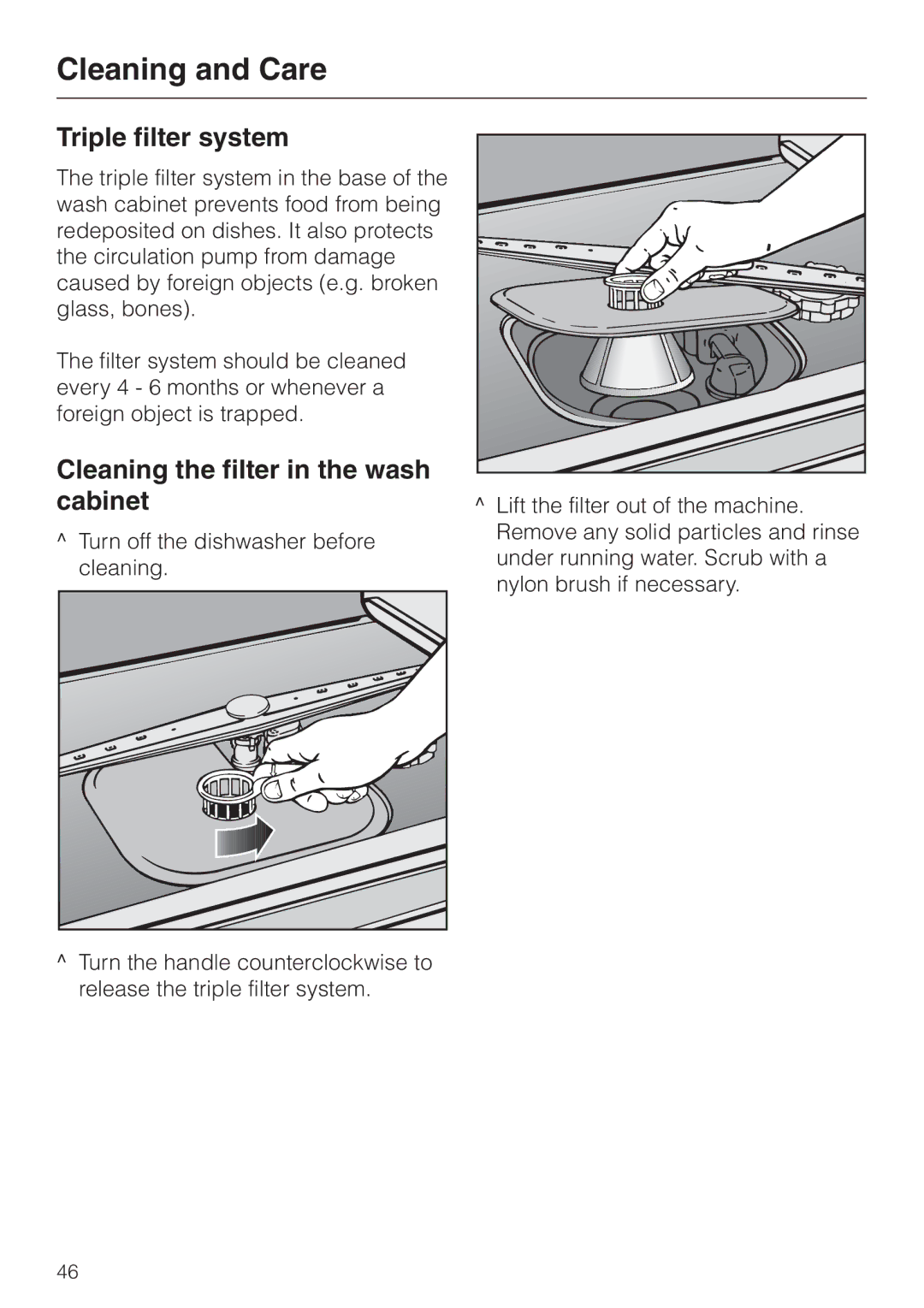 Miele G 818 SCVI operating instructions Cleaning and Care, Triple filter system, Cleaning the filter in the wash cabinet 