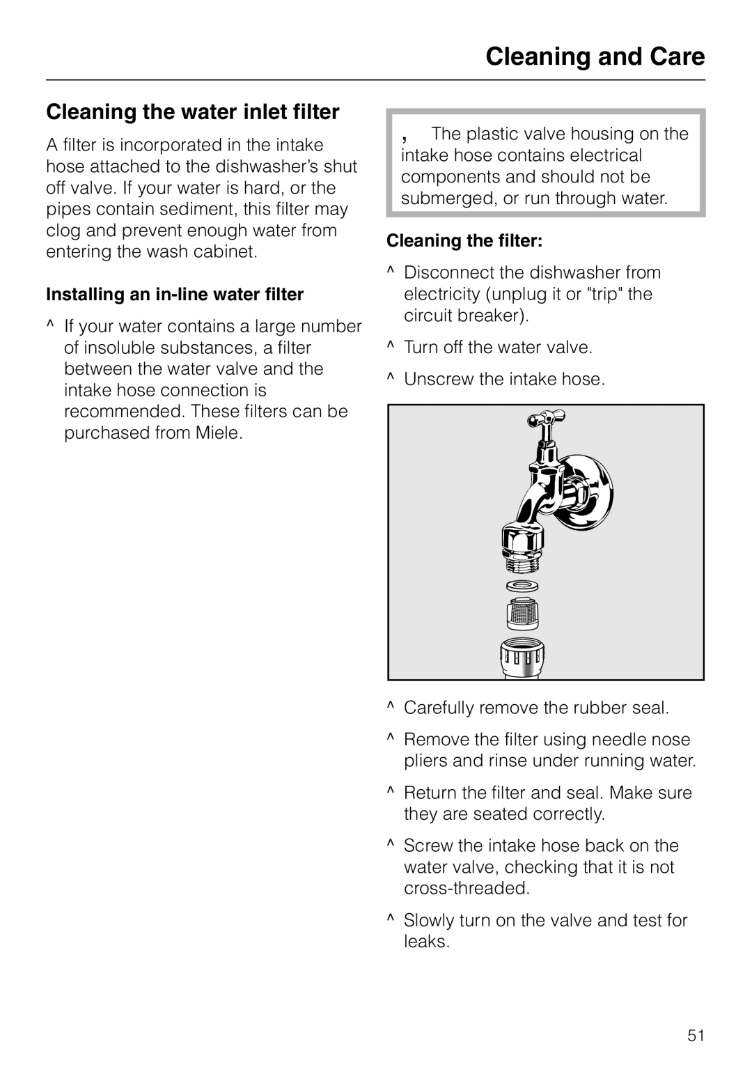 Miele G 818 SCVI Cleaning the water inlet filter, Installing an in-line water filter, Cleaning the filter 