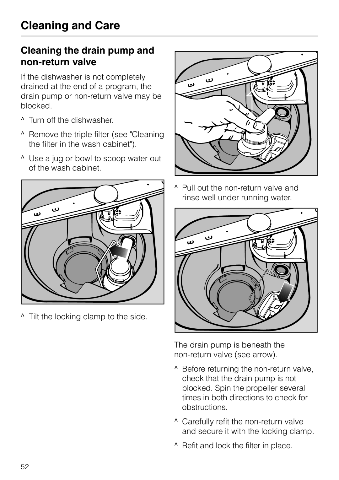 Miele G 818 SCVI operating instructions Cleaning the drain pump and non-return valve 