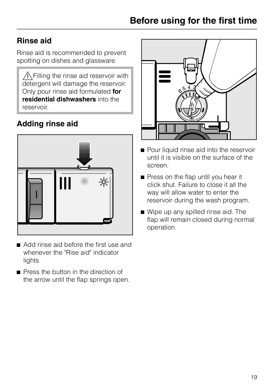 Miele G 818 SCVI operating instructions Rinse aid, Adding rinse aid, Before using for the first time 