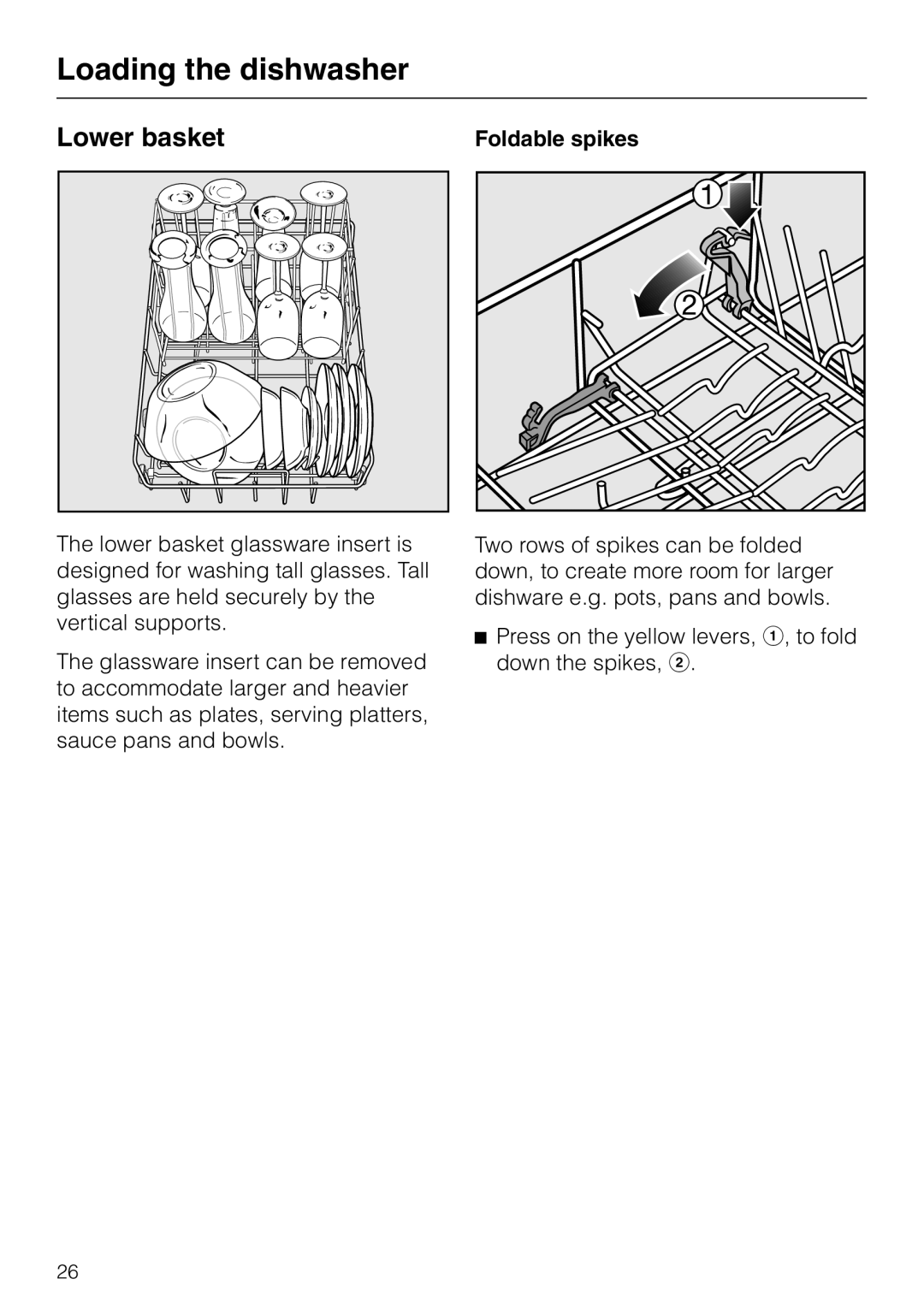 Miele G 818 SCVI operating instructions Lower basket, Loading the dishwasher, Foldable spikes 