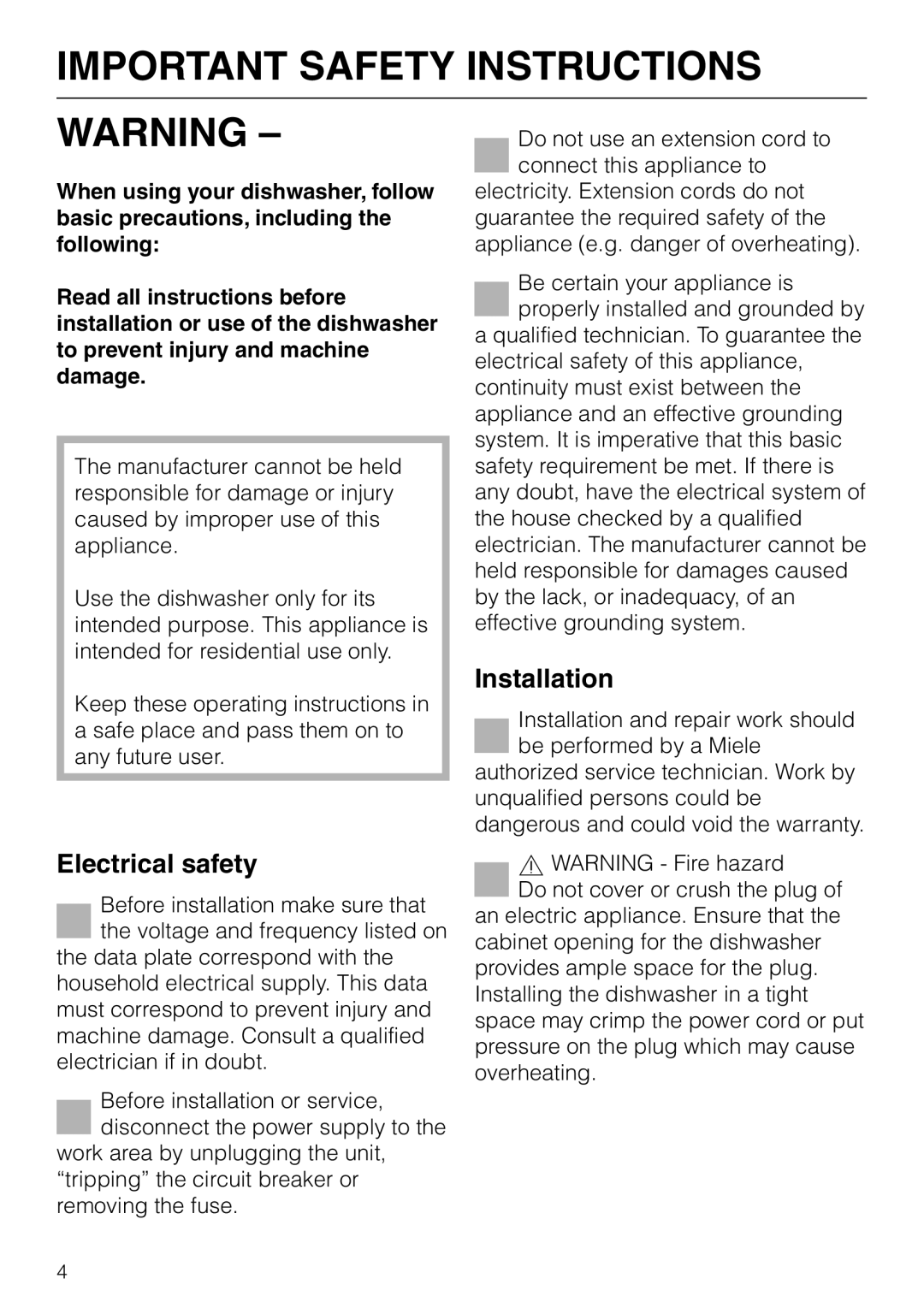 Miele G 818 SCVI operating instructions Important Safety Instructions, Electrical safety, Installation 