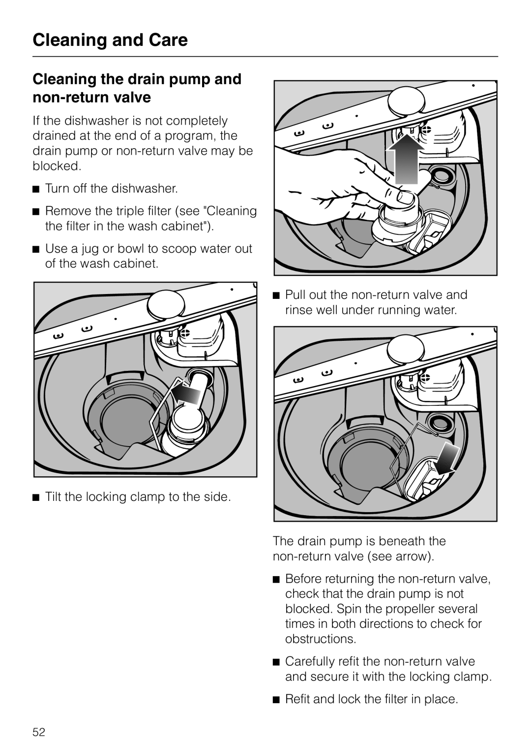 Miele G 818 SCVI operating instructions Cleaning the drain pump and non-returnvalve, Cleaning and Care 