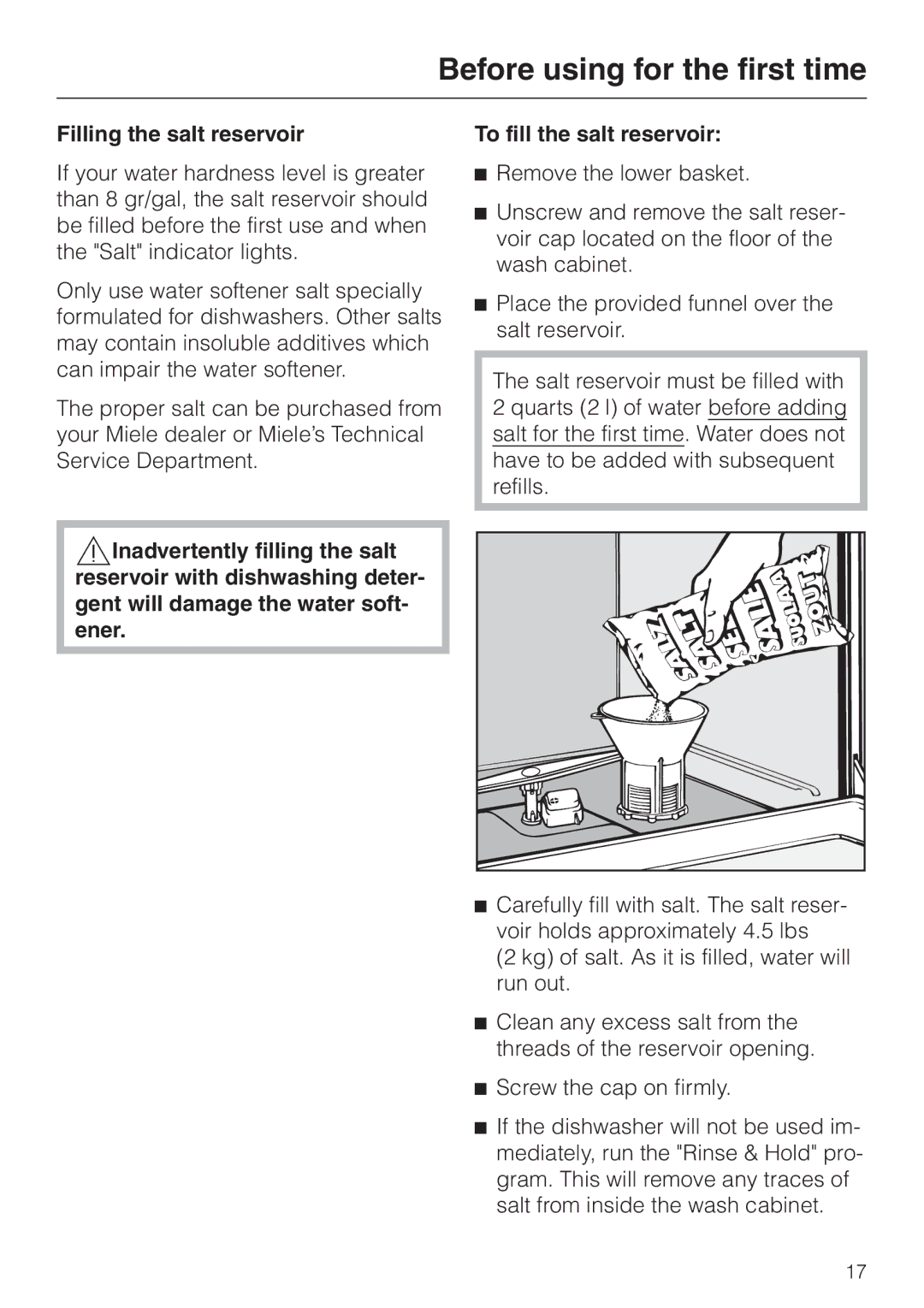 Miele G 832 SC manual Filling the salt reservoir 