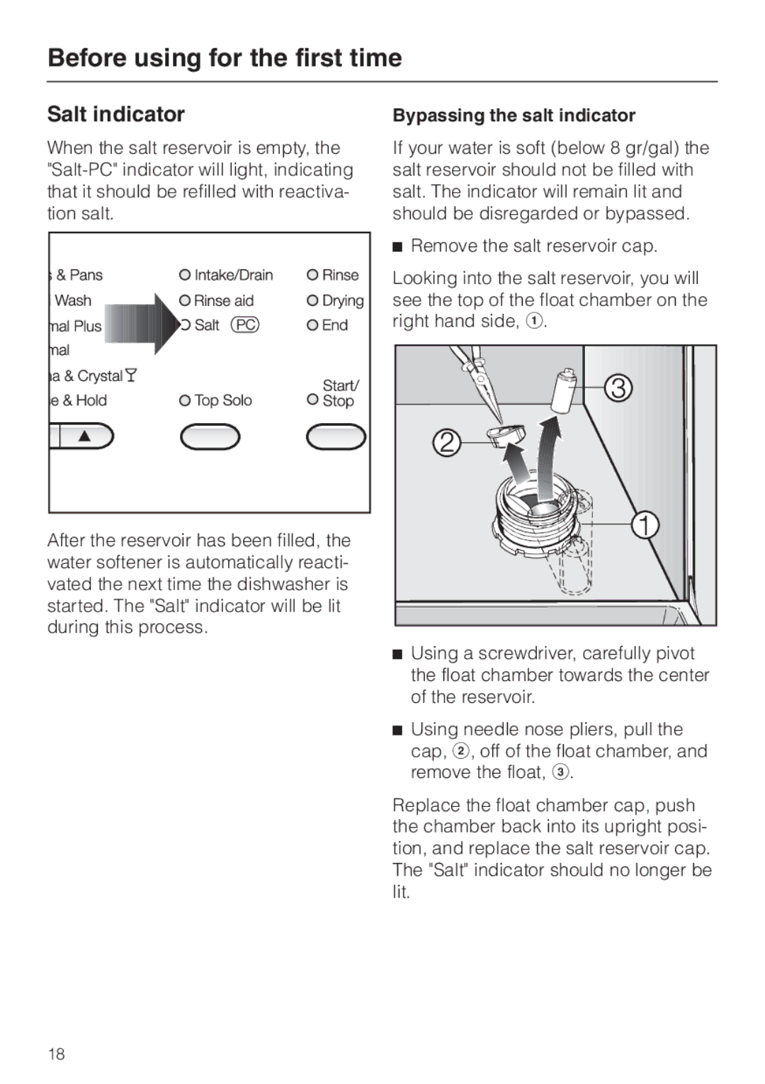 Miele G 832 SC manual Salt indicator, Bypassing the salt indicator 