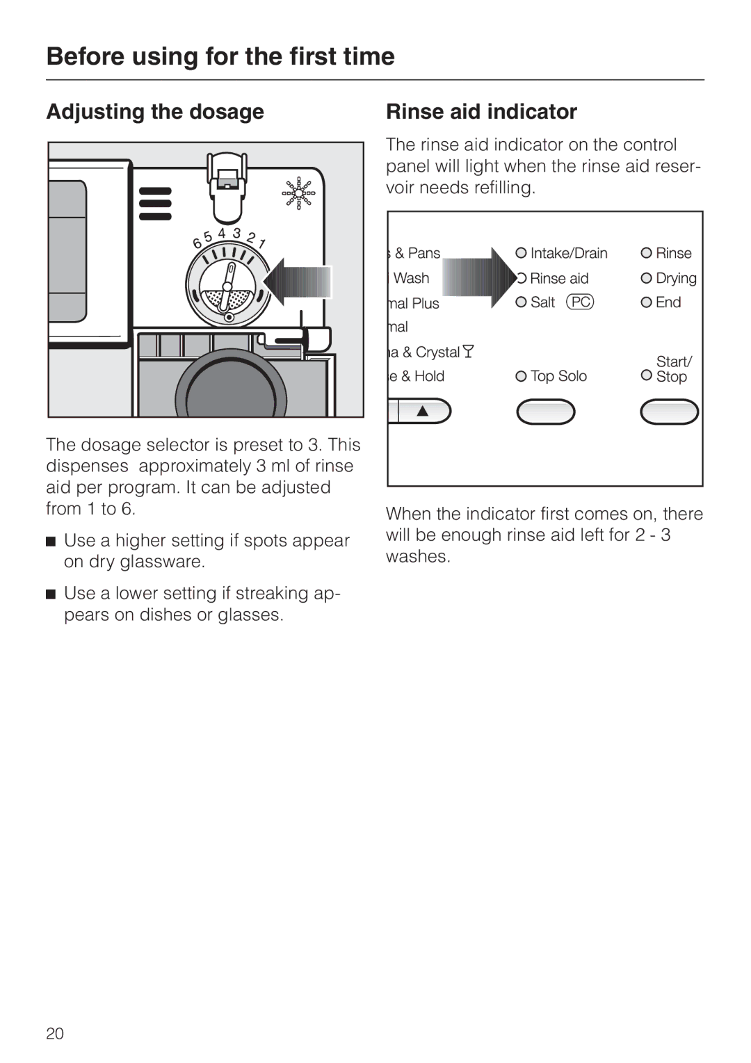 Miele G 832 SC manual Adjusting the dosage Rinse aid indicator 