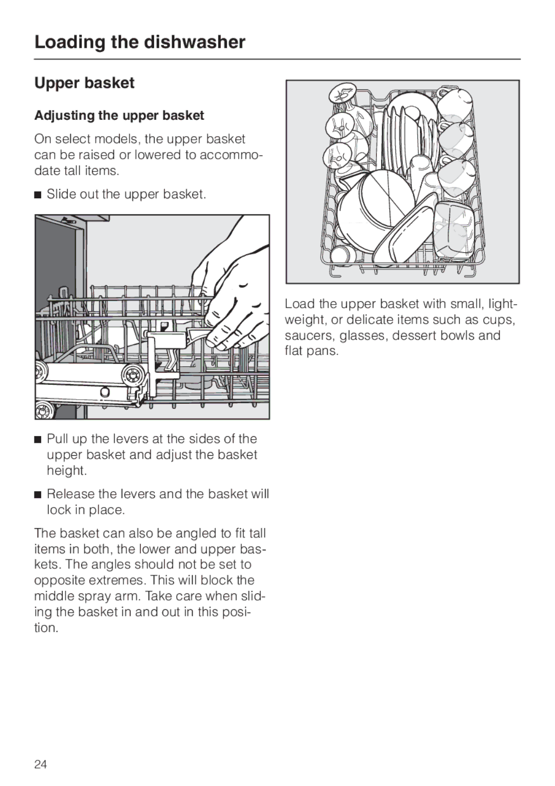 Miele G 832 SC manual Upper basket, Adjusting the upper basket, Slide out the upper basket 