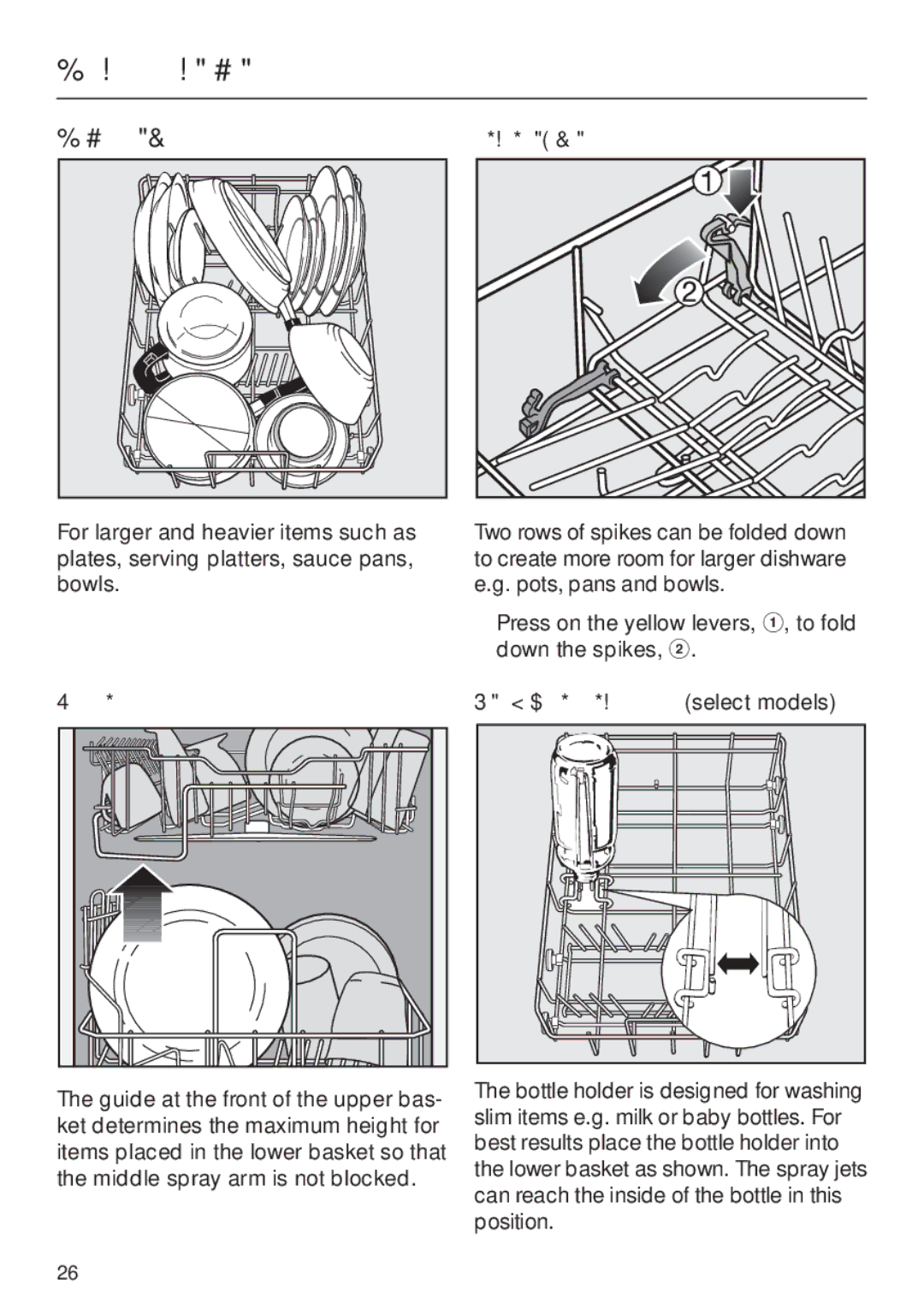 Miele G 832 SC manual Lower basket, Foldable spikes, Height limit, Vase / Bottle holder select models 