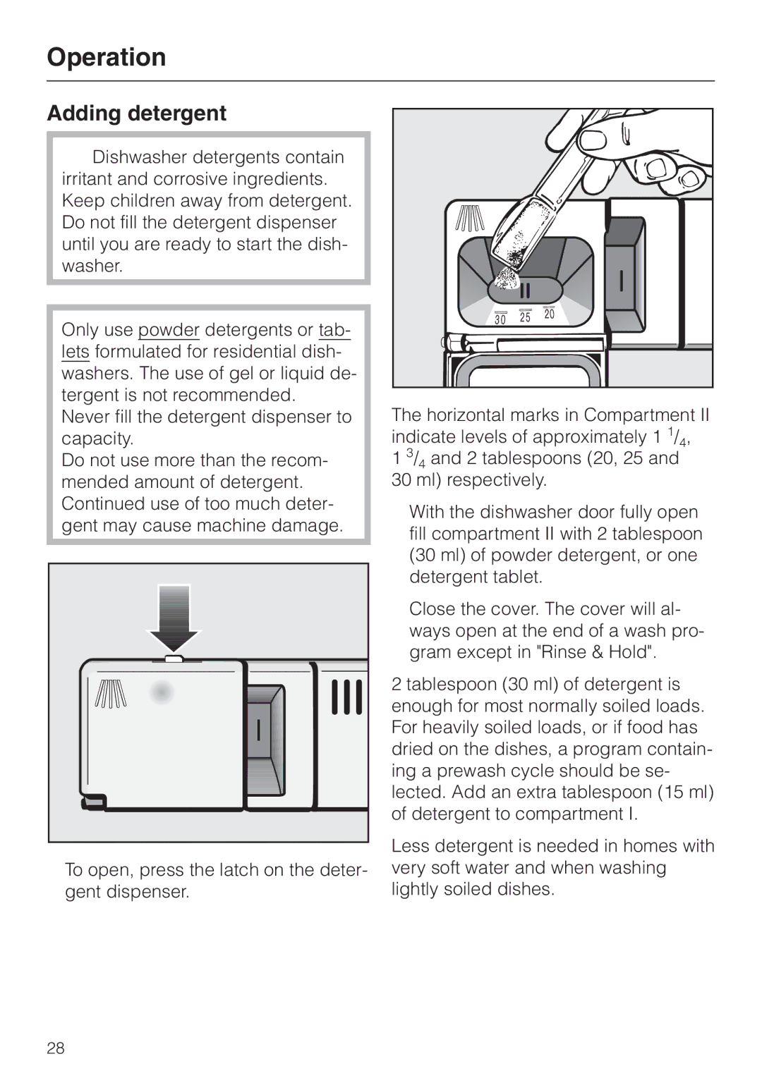 Miele G 832 SC manual Operation, Adding detergent 