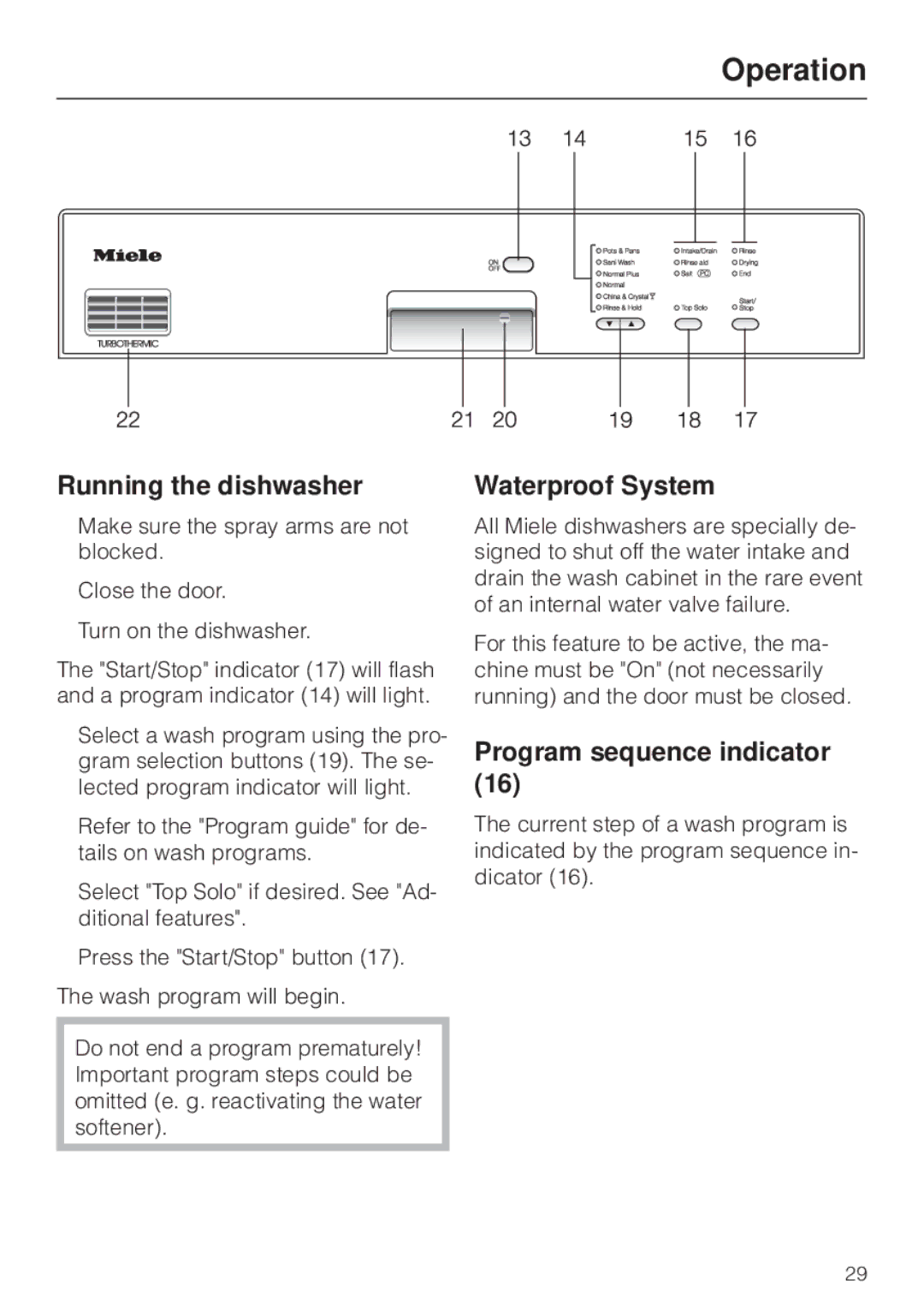 Miele G 832 SC manual Running the dishwasher, Waterproof System, Program sequence indicator 