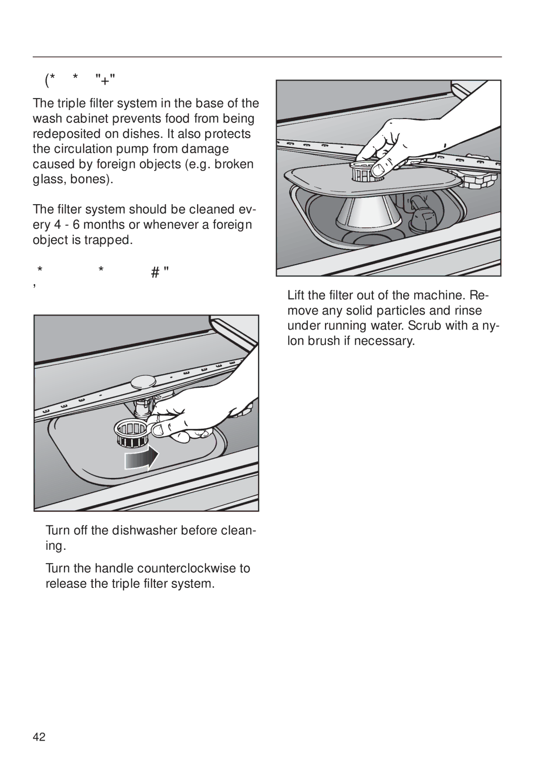 Miele G 832 SC manual Triple filter system, Cleaning the filter in the wash cabinet 