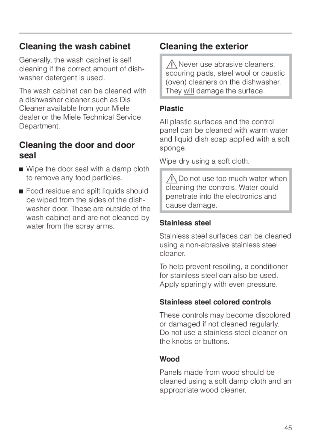 Miele G 832 SC manual Cleaning the wash cabinet Cleaning the exterior, Cleaning the door and door seal 