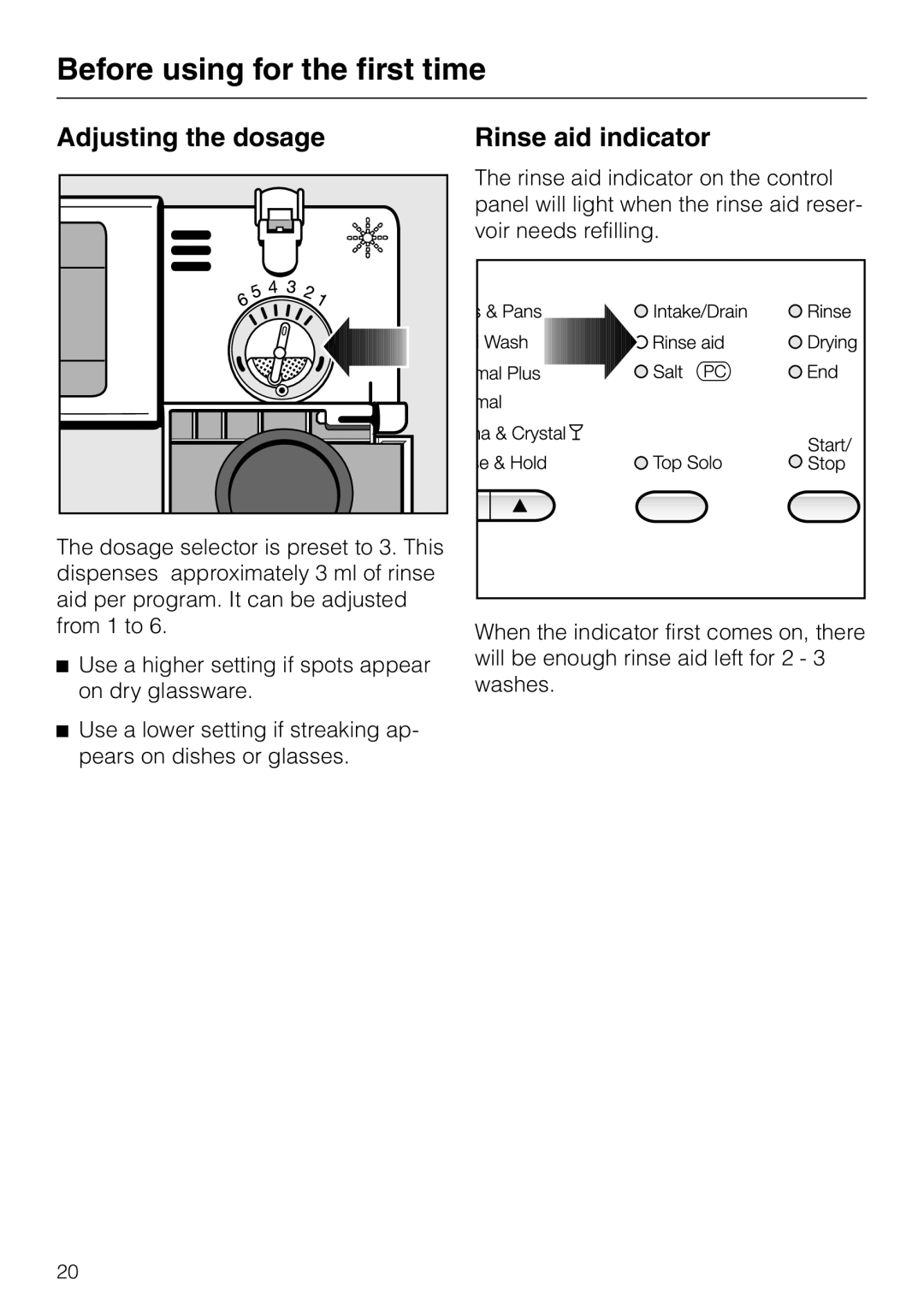 Miele G 832 SC manual Adjusting the dosage, Rinse aid indicator, Before using for the first time 